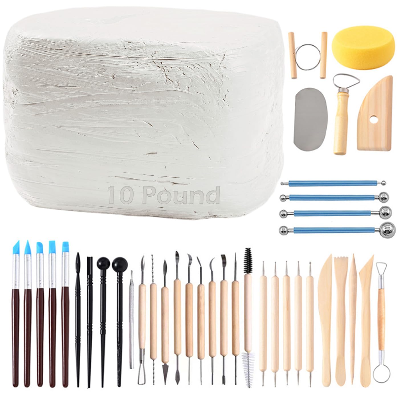 ReArt Natural Air-Dry Clay, Pottery Clay10LBs with 40 Pcs Pottery Tools Clay Sculpting Tool Set, All-Purpose Modeling Clay (White)