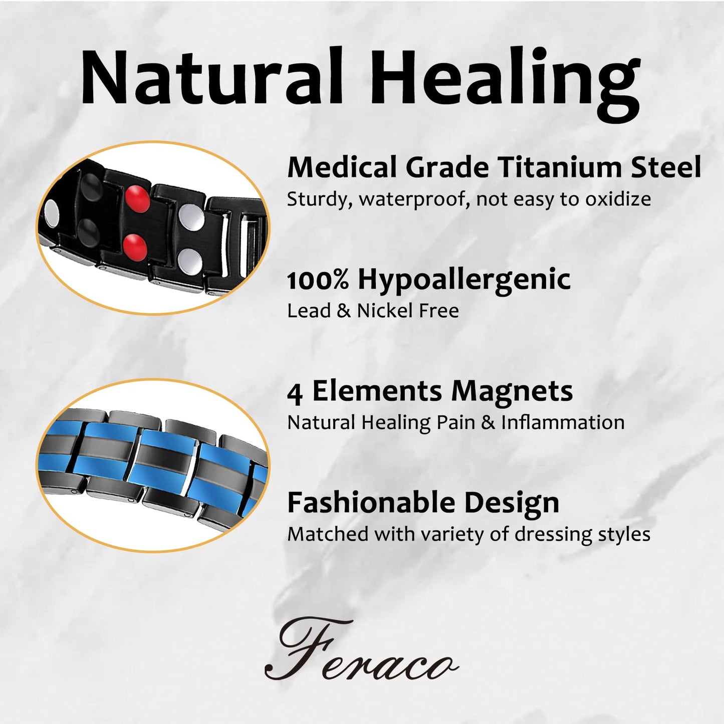 Feraco Mens Magnetic Therapy Bracelets Titanium Steel Bracelet with Double Row 4 Elements Magnets,Men's Jewelry for Anniversary Father's Day