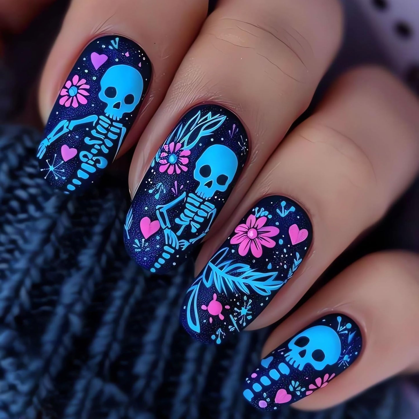 Halloween Press on Nails Skull Skeleton Acrylic Glue on Nail False Nails with Pink Flower & Heart Designs Short Almond False Nail Full Cover Artificial Stick on Nails for Women Nail Art DIY 30 Pcs