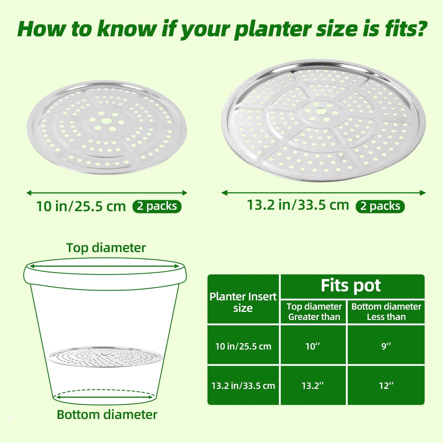 KishYa 4 Pcs Planter Inserts for Large Pots, 10''/13" Stainless Steel Pot Inserts for Large Planters with Drainage Holes to Elevate Plants to Reduce Soil Usage(10inch x 2Pack + 13inch x 2Pack)