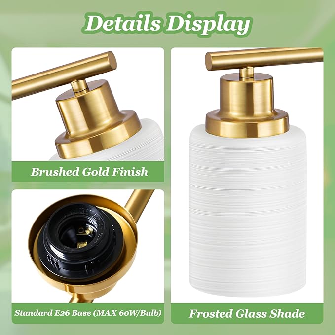 Guliaofo 5-Light Vanity Lights, Brushed Gold Bathroom Light Fixture with Striped Textured Milky White Glass Shade, E26 Modern Vanity Lighting Fixture for Bathroom Wall Sconce Light Over Mirror