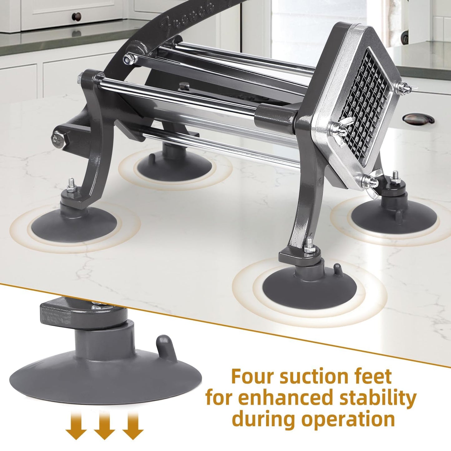 French Fry Cutter Commercial Grade Potato Slicer with Stand Suction Feet Complete Set, Includes 1/4", 3/8", 1/2", 2 Pieces L Stand
