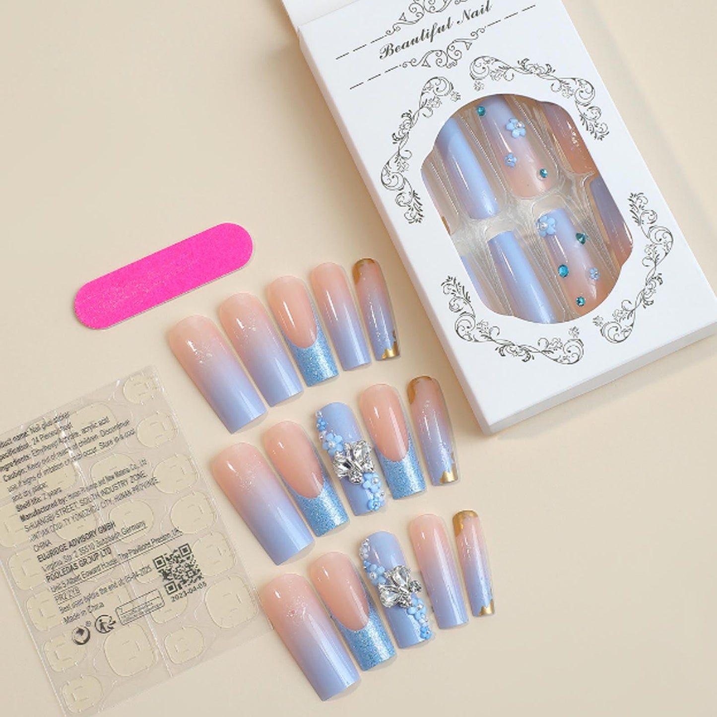 Hkanlre Long Press on Bling Nails Square Blue Fake Nails Tips Full Cover False French 3D flower Nails for Women and Girls 24PCS