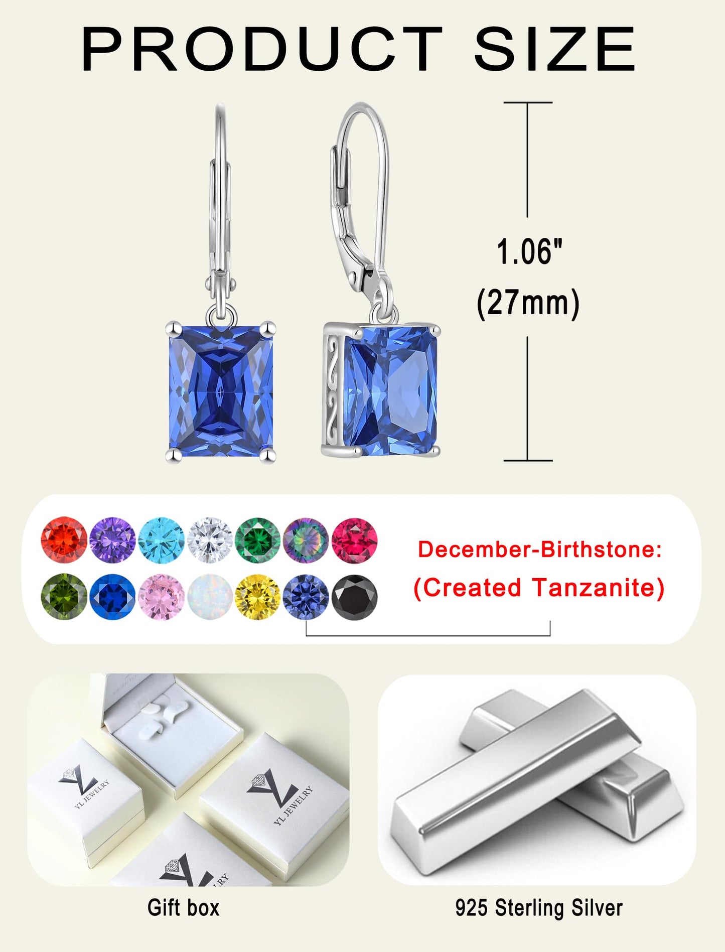YL Solitaire Dangle Drop Earrings 925 Sterling Silver Leverback Earrings 8X10MM Square Created Tanzanite Jewelry