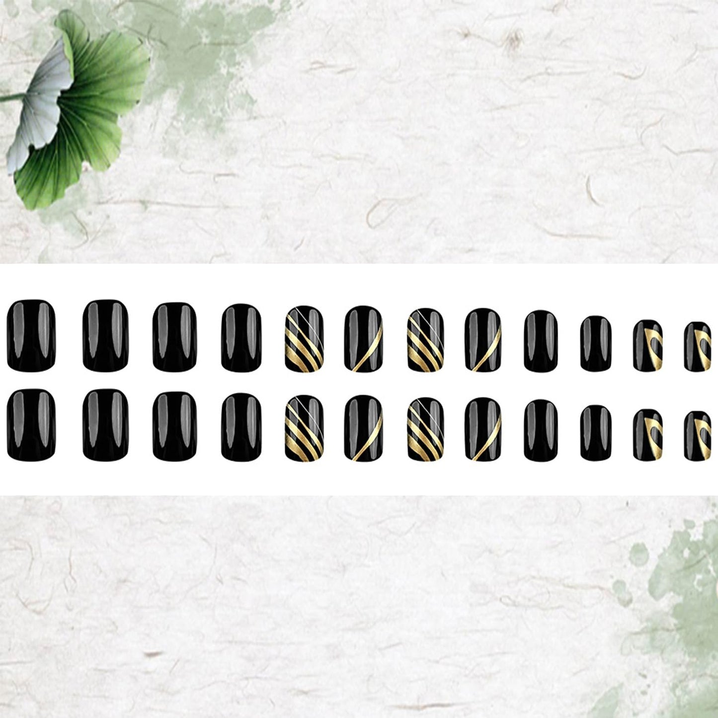 Press On Nails - Short Black False Nails with Gold Lines Design, Square, Full Cover, Glossy Acrylic, French Artificial, Reusable Glue on Nails for Women's Manicure Kit