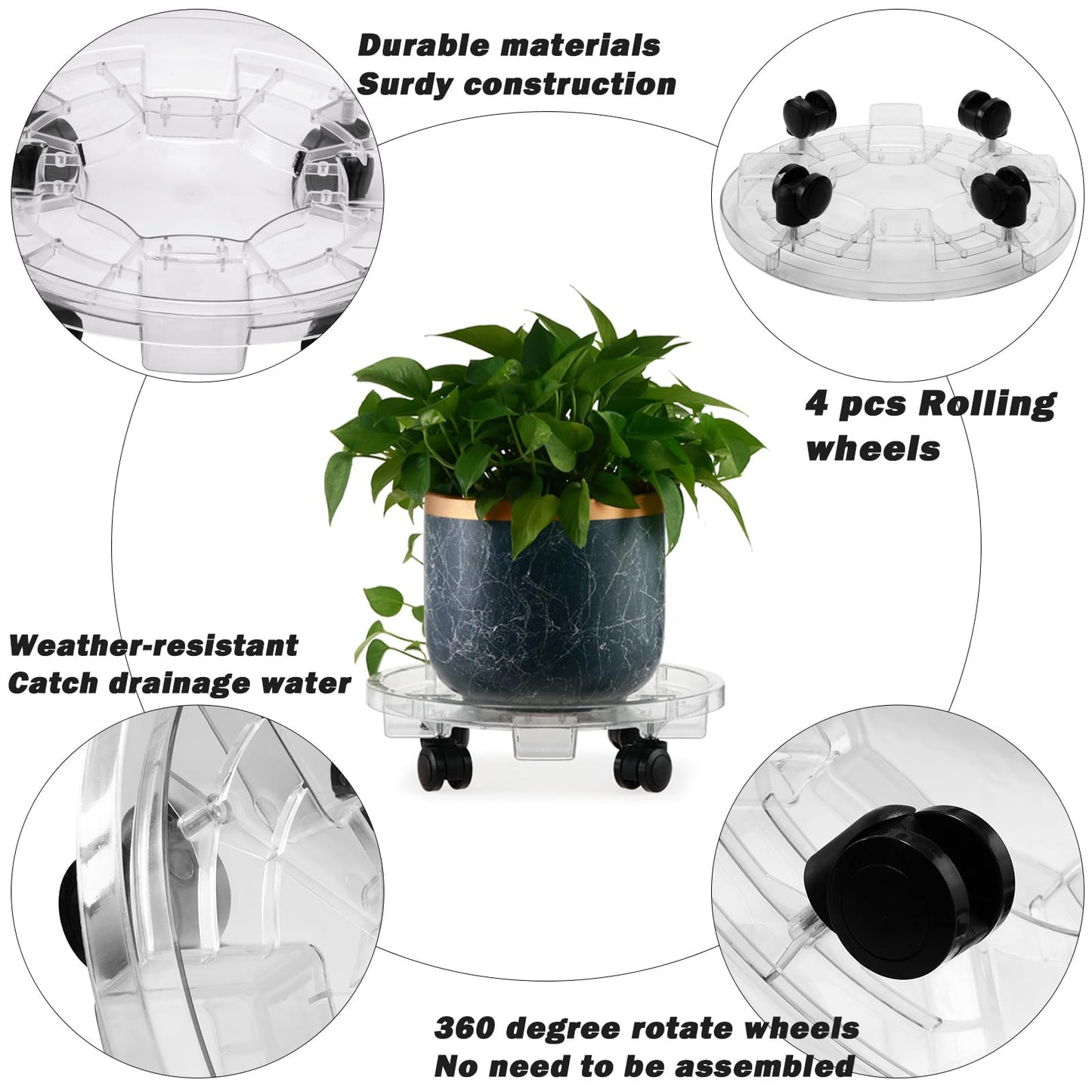 KvyusFlourish 4 Packs 18 inches Extra-large Clear Plant Caddy Plant Saucers on Wheels Rolling Plant Stands Heavy-duty Plant Dolly Plastic Planter Roller Base Pot Movers Outdoor Plant Tray Coaster
