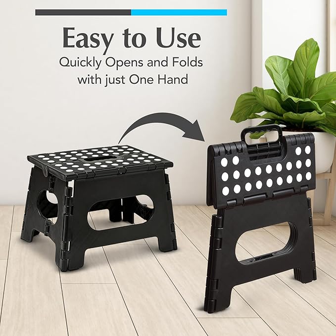Handy Laundry Folding Lightweight Step Stool - Sturdy Enough to Support Adults and Safe Enough for Kids - Opens Easy with One Flip - Great for Kitchen, Bathroom or Bedroom (Black - 8 Inch)