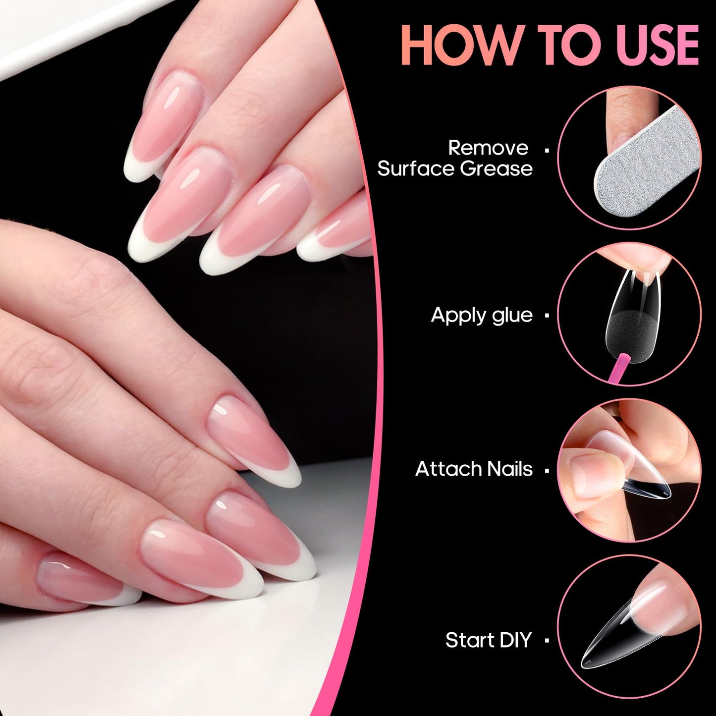 Ranrose Almond Nail Tips Bundle – 240PCS Long Almond Full Cover Press On Nail Tips (12 Sizes) + 360PCS Kids Squared Oval Press On Nails for Girls 4–8, Half Matte DIY Manicure Set