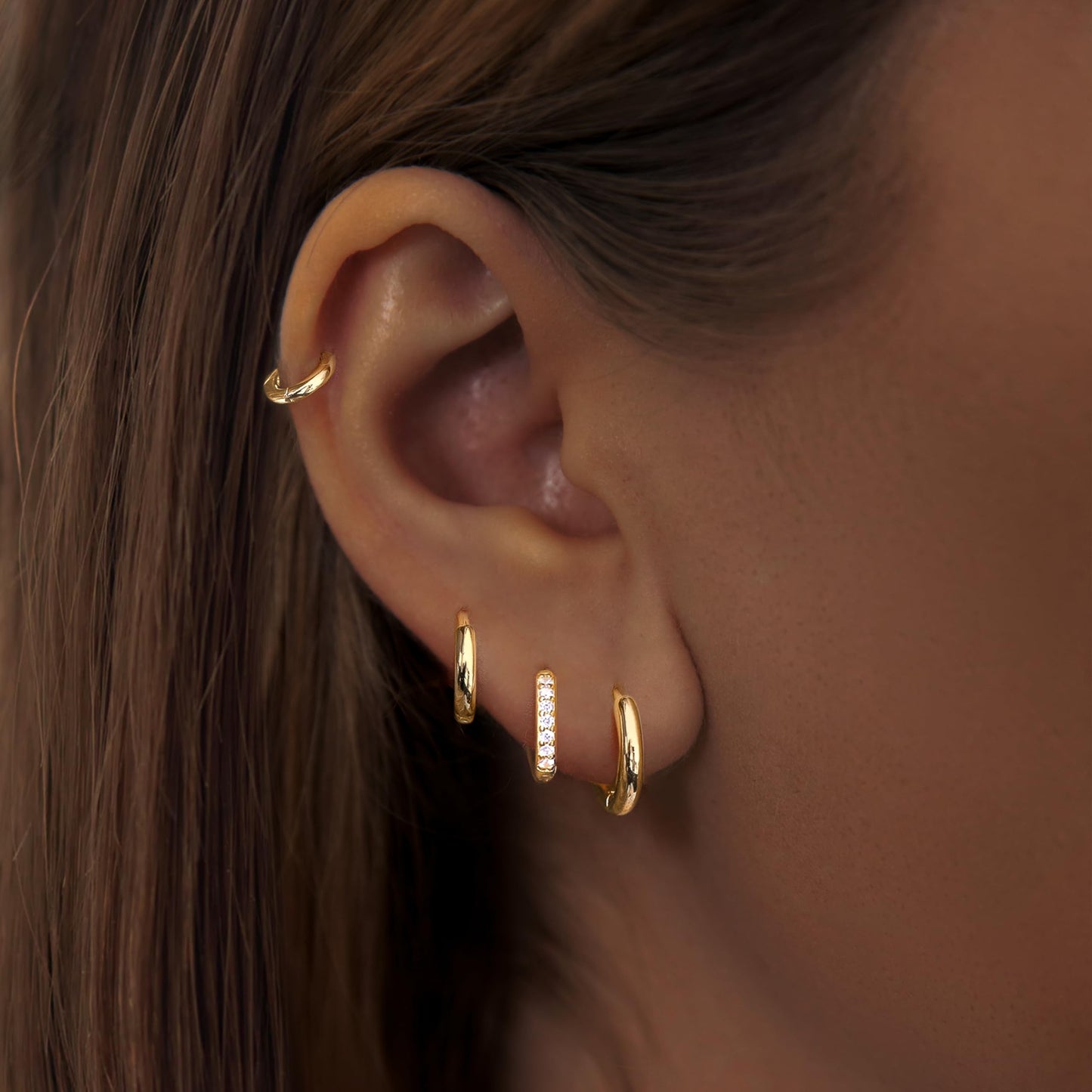 12mm Gold Plated Hoop Earrings Set for Men Gold Plated Stack Cartilage 3 hole Earrings for Multiple Double Piercing Lightweight Clip On Jewelry Gifts for Men