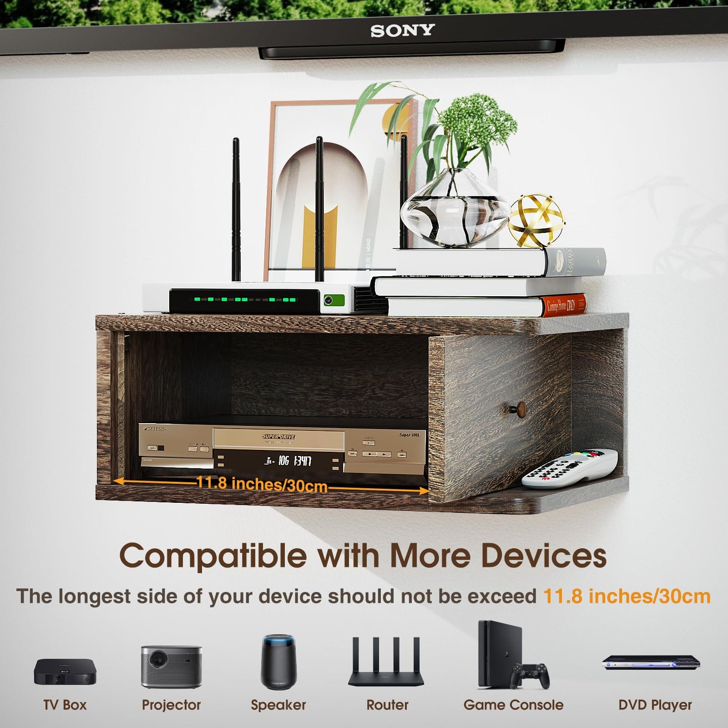 Floating Projector Stand Wall Mount - Modern Media Console Shelf Cabinet with Magnetic Door, 16.7" x 10.9" x 7.8", Open & Hidden Storage for Projector, Router, DVD Player, Cable Box