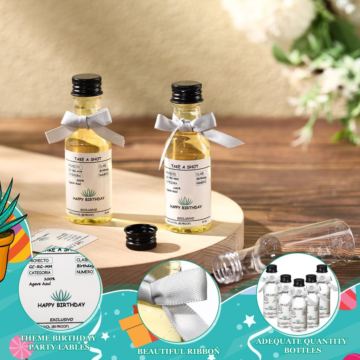 Jingmore 30 Pack 1.7oz Mini Liquor Bottles 50ml Plastic Alcohol Bottle with Cap, Labels, Ribbon for Party Supplies(Birthday,Turquoise)