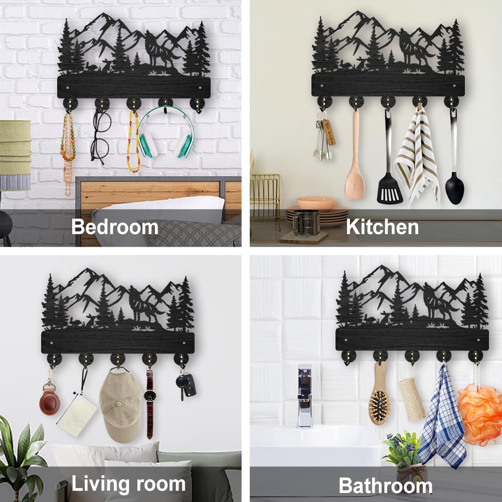 MAYJOYDIY Wolf Rabbit Forest Coat Hooks Wood Animal Moutain Key Holder Wall Mount 11.8×7.9inch Key Hanger Wall Art Decor 5 Alloy Hooks Black Key Rack Organizer for Gift Entryway Hallway Kitchen Room