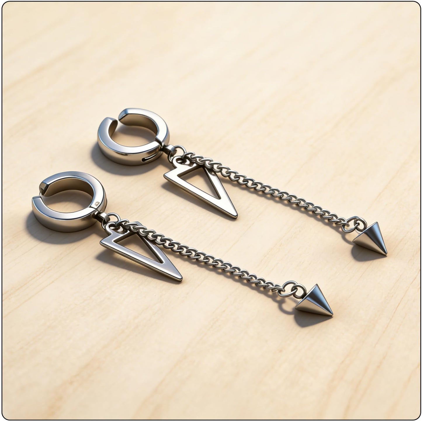 Fusamk Punk Rock Stainless Steel Triangle Ear Clip Earrings Spike Long Chain Dangle Earrings(Silver)