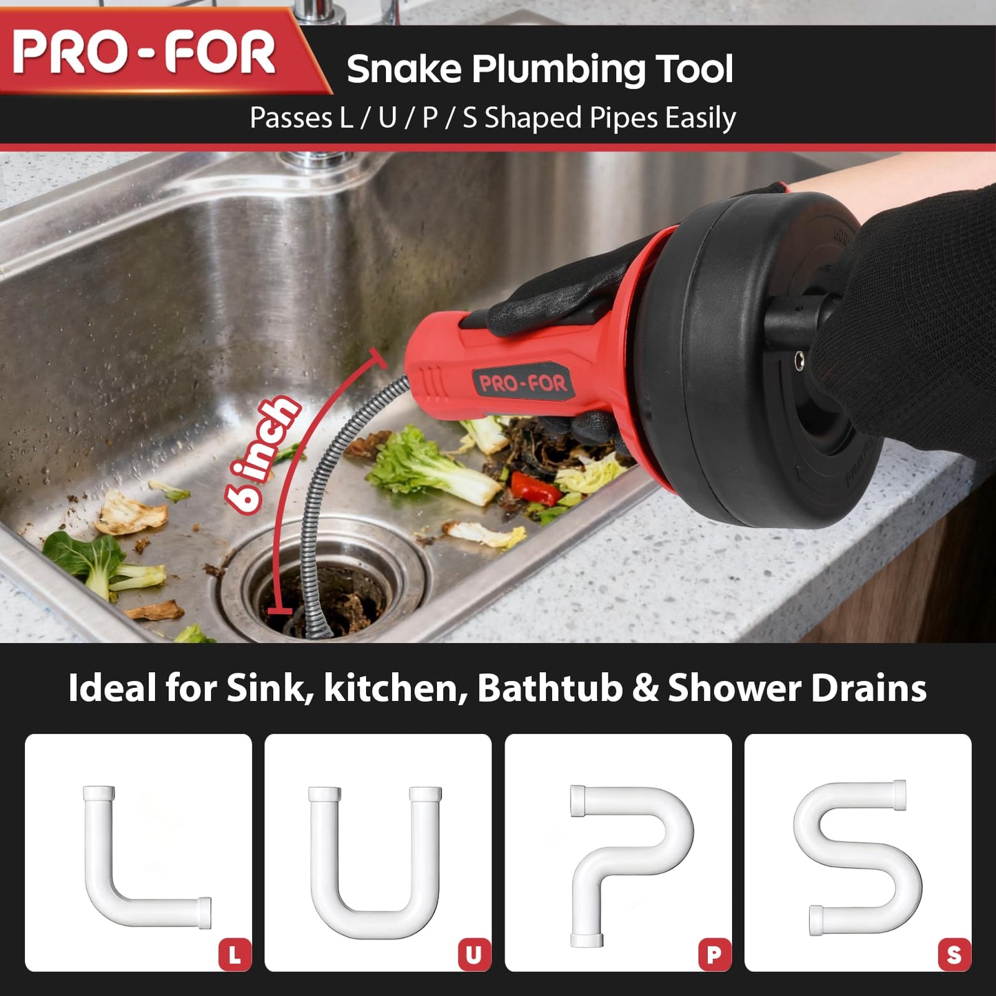 PRO-FOR Drain Auger, 16.4FT Plumbing Snake Drain Clog Remover, Manual & Drill Powered Drain Snake for 0.75–2 Inch Pipes, Sink, Shower, Bathtub, Toilet, Kitchen Drain Cleaner Tool with Steel Cable
