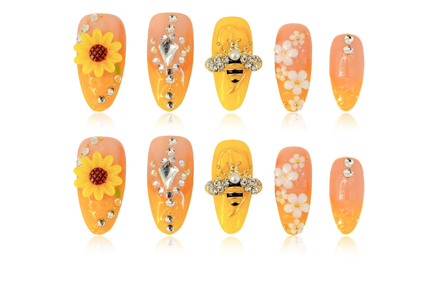 24Pcs Handmade Press on Nails,3D Sunflower Medium Length Almond Shape Fake Nails with Full Covered White Flowers,Cute Manicure Kit for Women and Girls