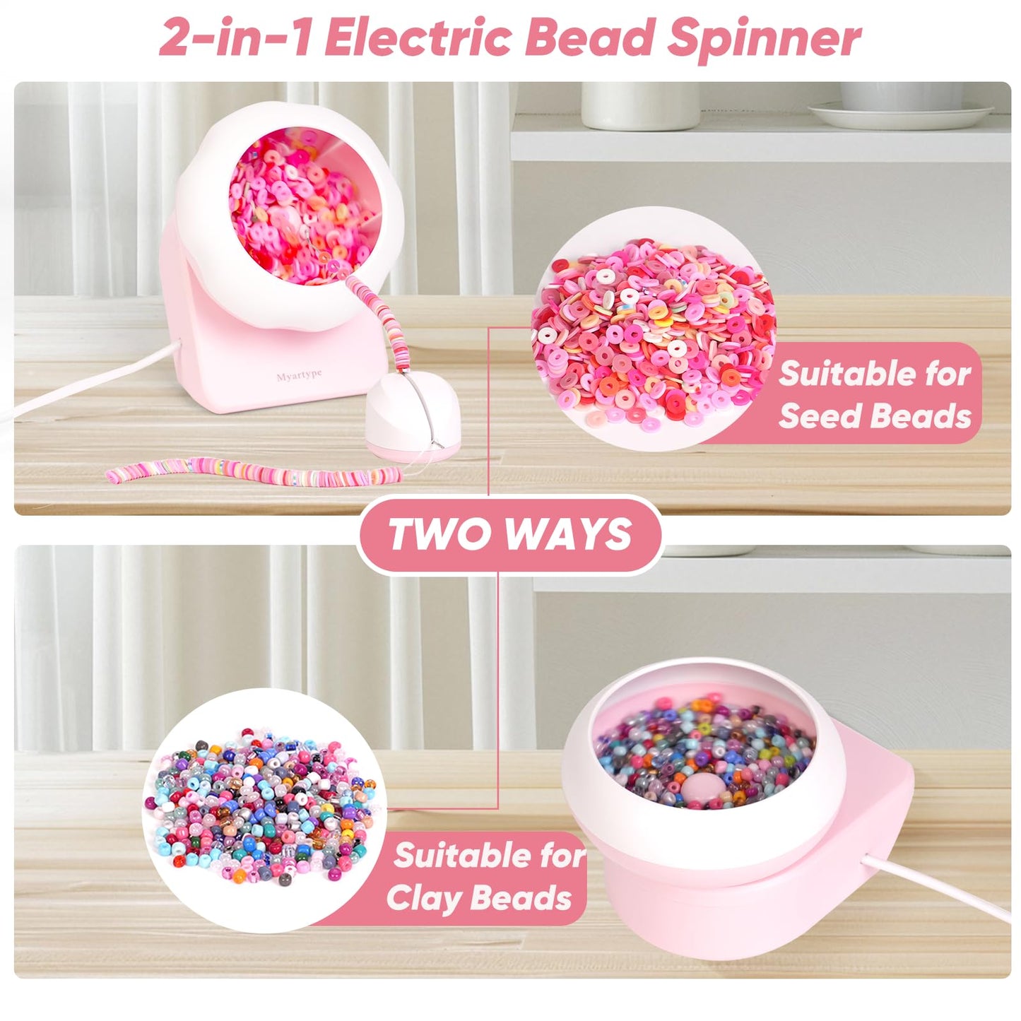 Myartype Clay Bead Spinner and Seed Bead Spinner, 2-in-1 Electric Bead Spinner for Jewelry Making, Bracelet Spinner and Necklace Making Machine with Needles and Thread (Pink), (Beads Not Included)