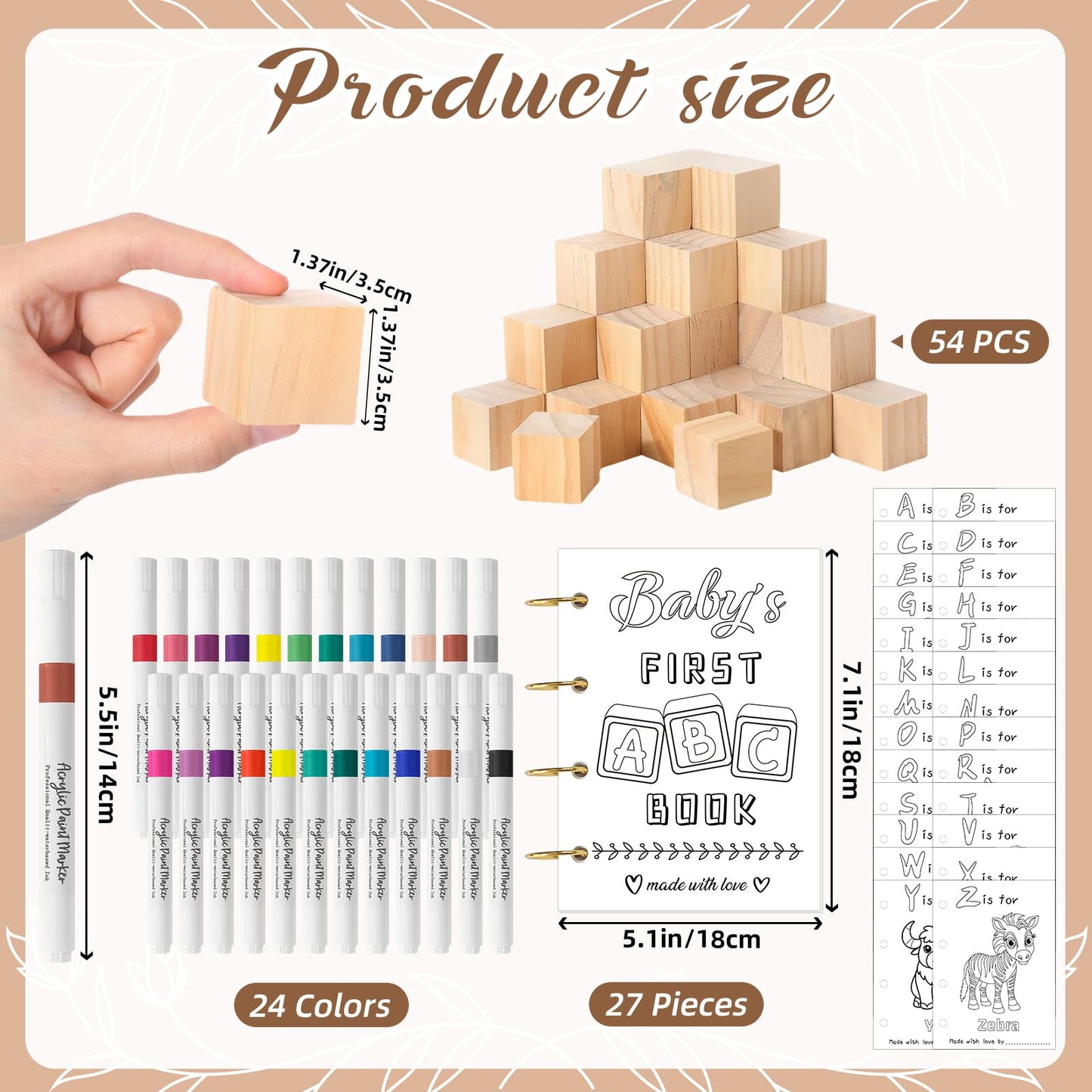Aisharery 146 Pcs Baby Shower Game Sign Set Includes Decorative Square 54 DIY Blank Wooden Blocks 24 Paint Markers 27 Page Baby‘s First ABC Book