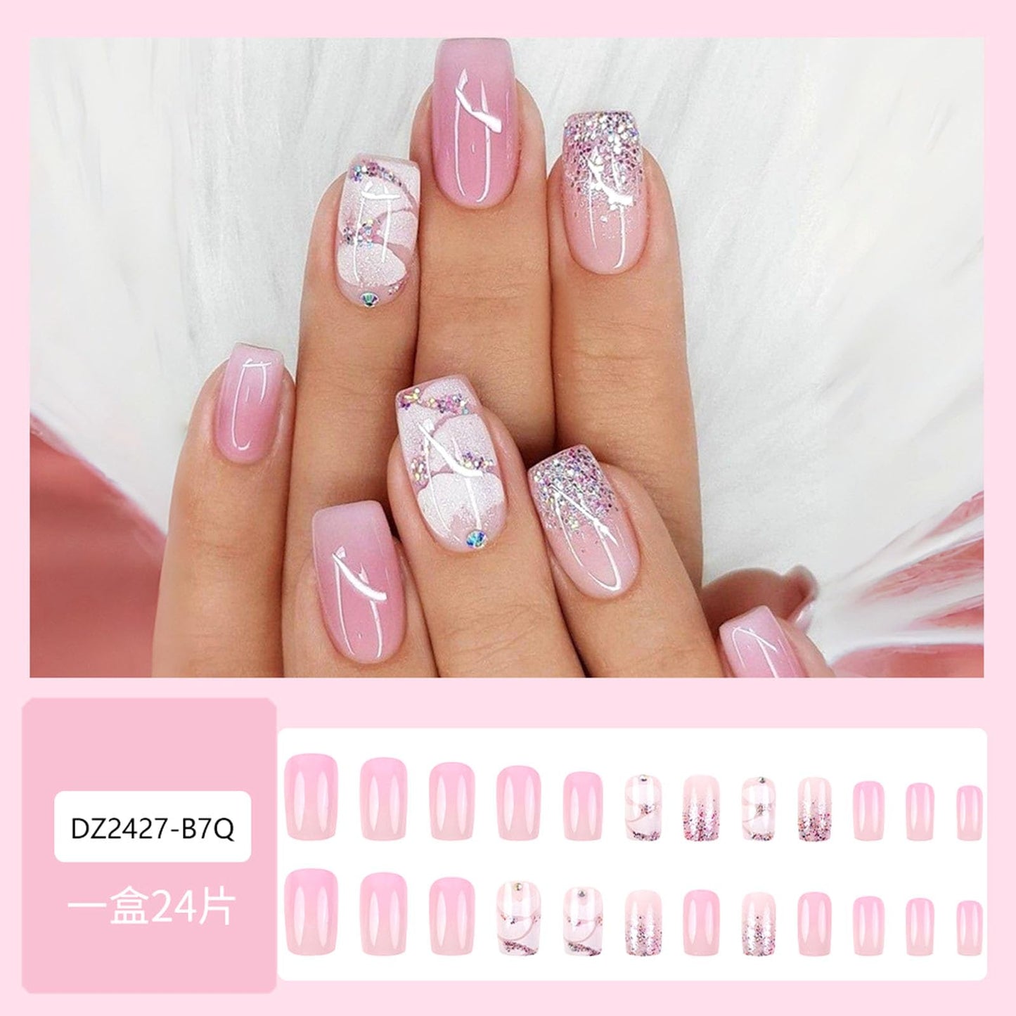 24Pcs Press on Nails Medium Square Fake Nails with Glitter Rhinestones Designs Glossy Nails Press ons Pink Gradient Glue on Nails Acrylic Artificial Stick on Nails for Women