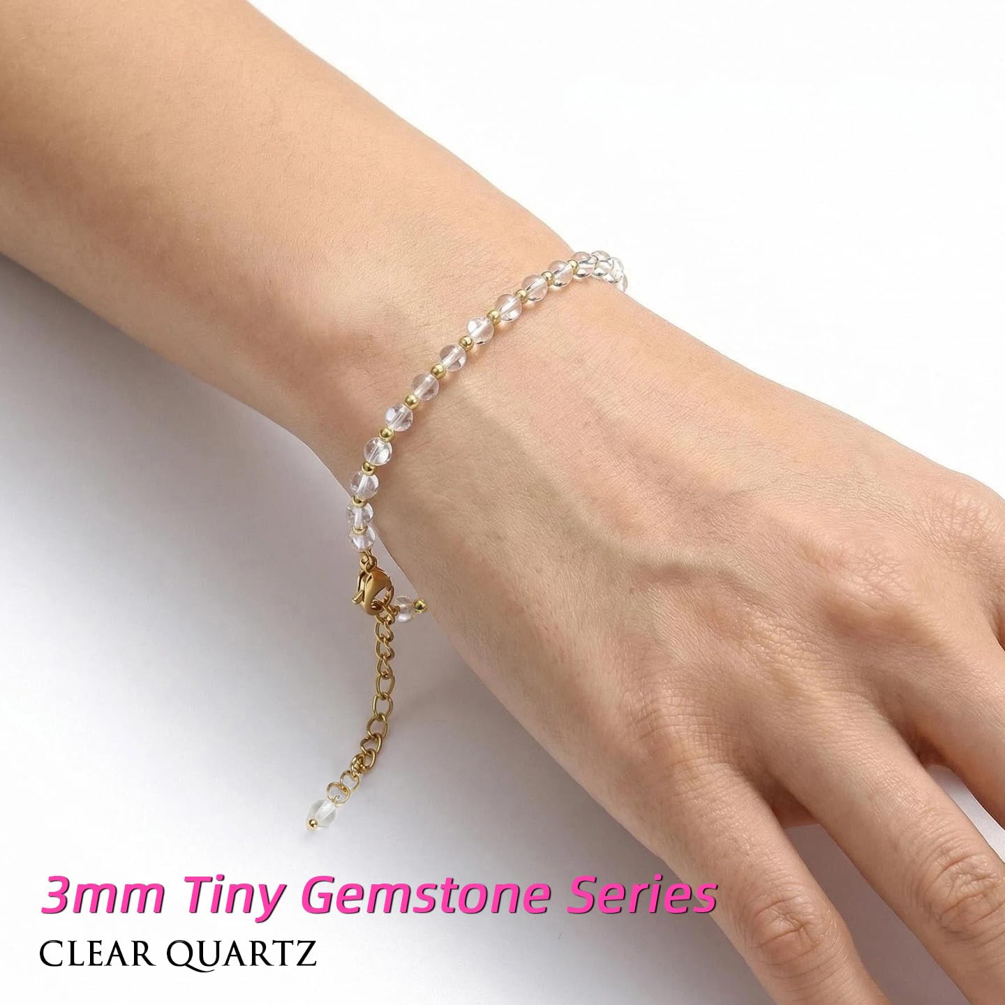 Morchic 3mm Clear Quartz Tiny Beads Bracelet for Women, Adjustable 7.1" Dainty Handmade Energy Gem Jewelry, Birthday Gift