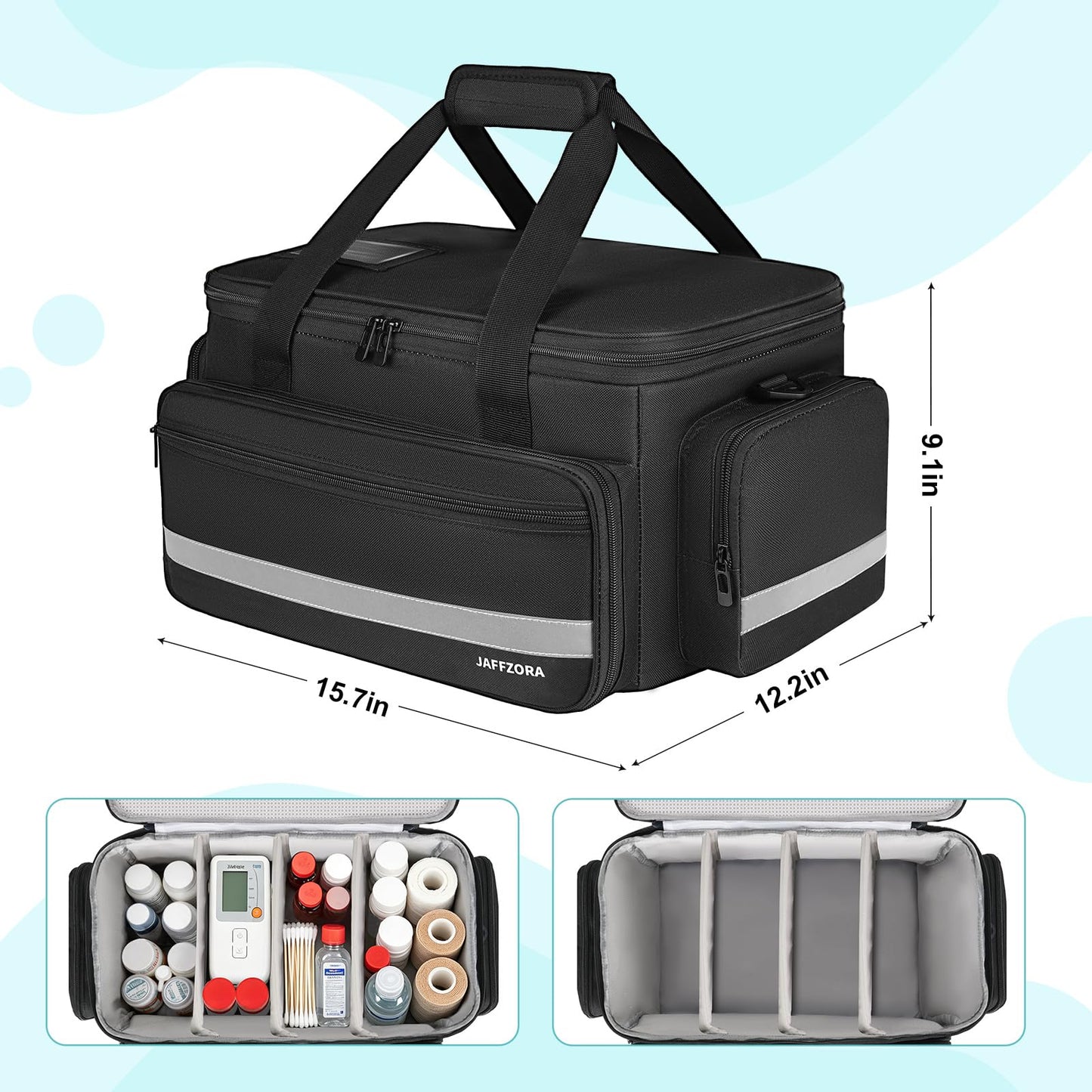 Jaffzora Medical Bag, Medical Equipment Case Empty, Large Home Health Nurse Bag with Shoulder Strap, Medication First Aid Organizer for Therapist, Doctors, Nursing Students (Black)