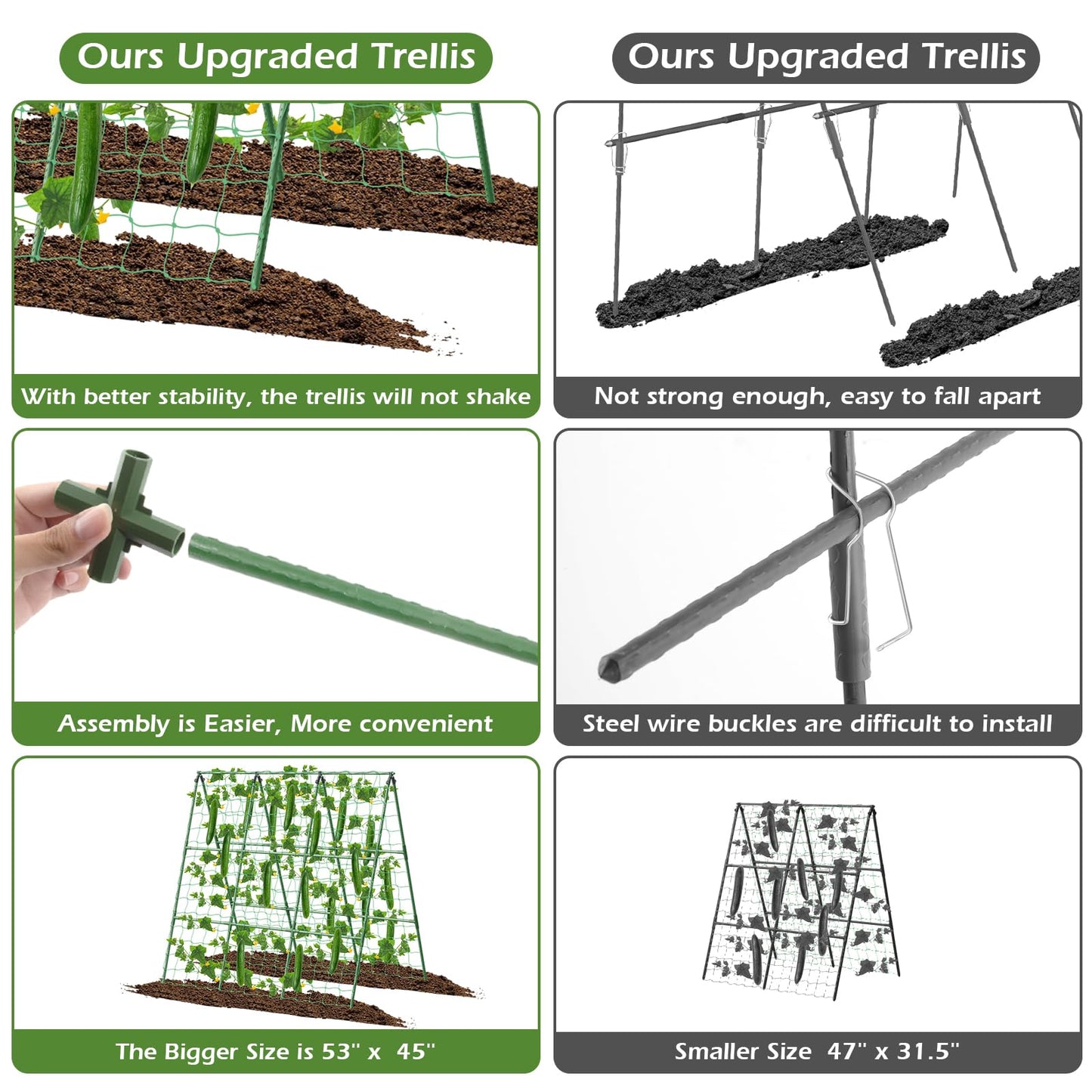 Cucumber Trellis for Raised Beds, 45 x 53 Inch Adjustable Size A-Frame Garden Trellis for Climbing Plant Outdoors with Climbing Net and Plant Support Clip for Vegetable Grape Tomato Bean Pea