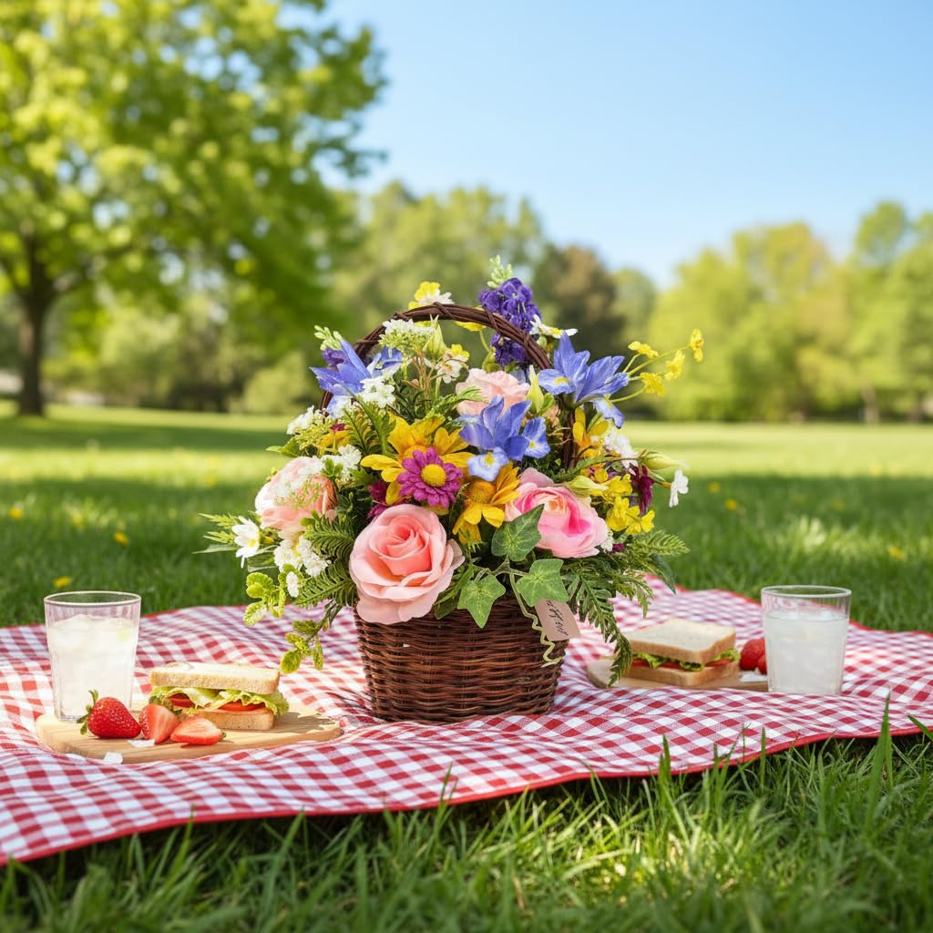 Lnymura Pre-lit Spring Summer Rose Flower Basket with Timer 13 Inch Rustic Floral Arrangement Table Centerpiece with Wildflower, Roses, Daisies and 10 Warm White LEDs for Home Kitchen Decor