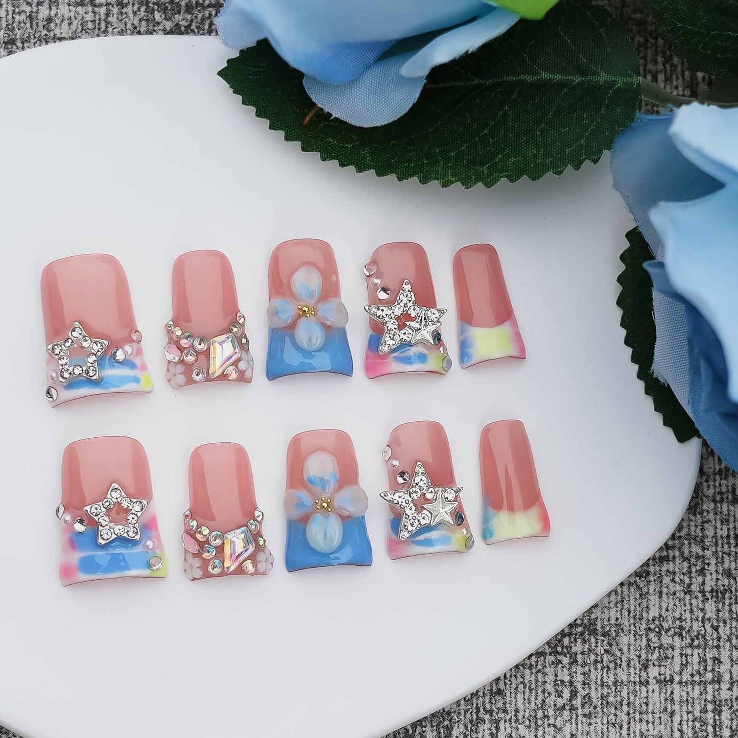 Tesytto Press on Nails Duck Shape with 3D Floral Metallic Star Rhinestones, Luxury Reusable Acrylic Fake Nails Blue French Tip Nude Pink False Nails (Pastel Pink-Blue Stellar,L)