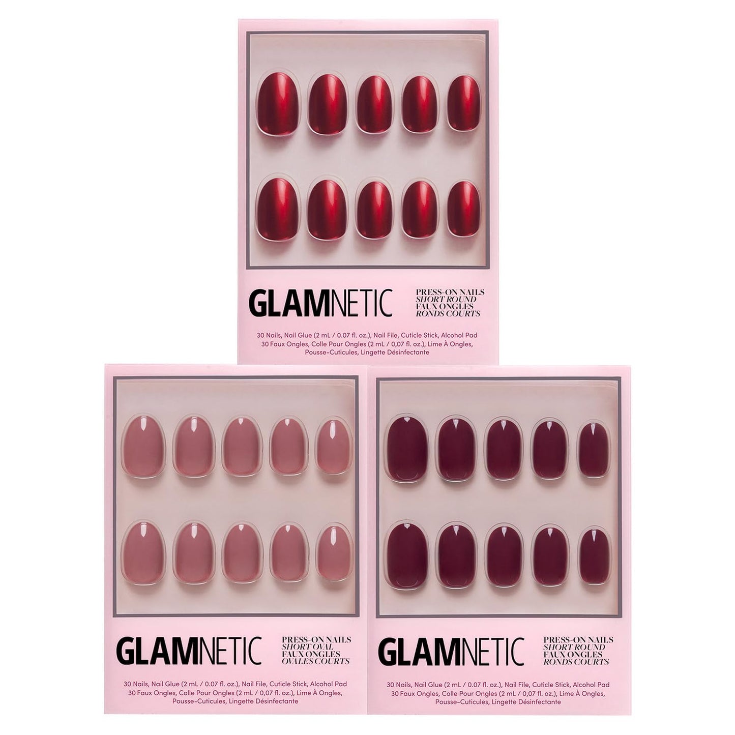 Glamnetic Press-On Nails Bundle - Fall Mauve, Berry Maroon & Cherry Glaze | Opaque Muted Blush Mauve Oval False Nails | Opaque Dark Red Maroon Short Round False Nails | Round Bright Cherry