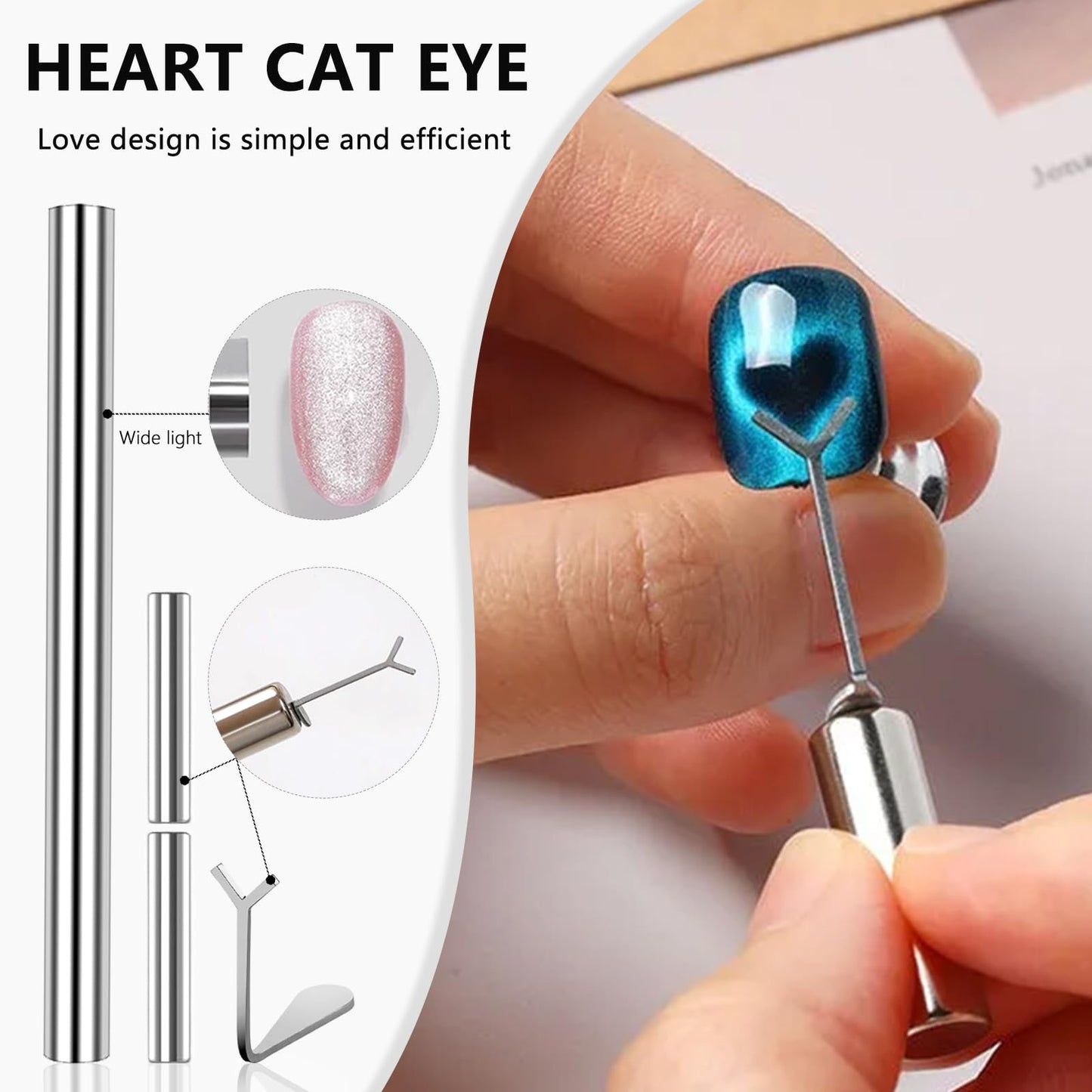 MOLILON 46Pcs Cat Eye Nail Magnet Tool Set, Cat Eye Heart Magnets for Nails, Double-Head Nails Magnet Stick, Round Magnetic Beads, Heart Cat Eye Gel Polish Magnets Tools for Women DIY Manicure
