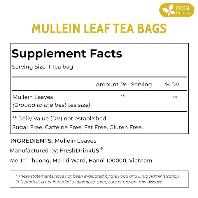 FreshDrinkUS, Premium 25 Mullein Leaf Tea For Lungs, Lung Detox For Smokers, Handmade, 100% Natural & Pure, Mullein Tea, No Sugar, No Caffeine, No Gluten, Vegan