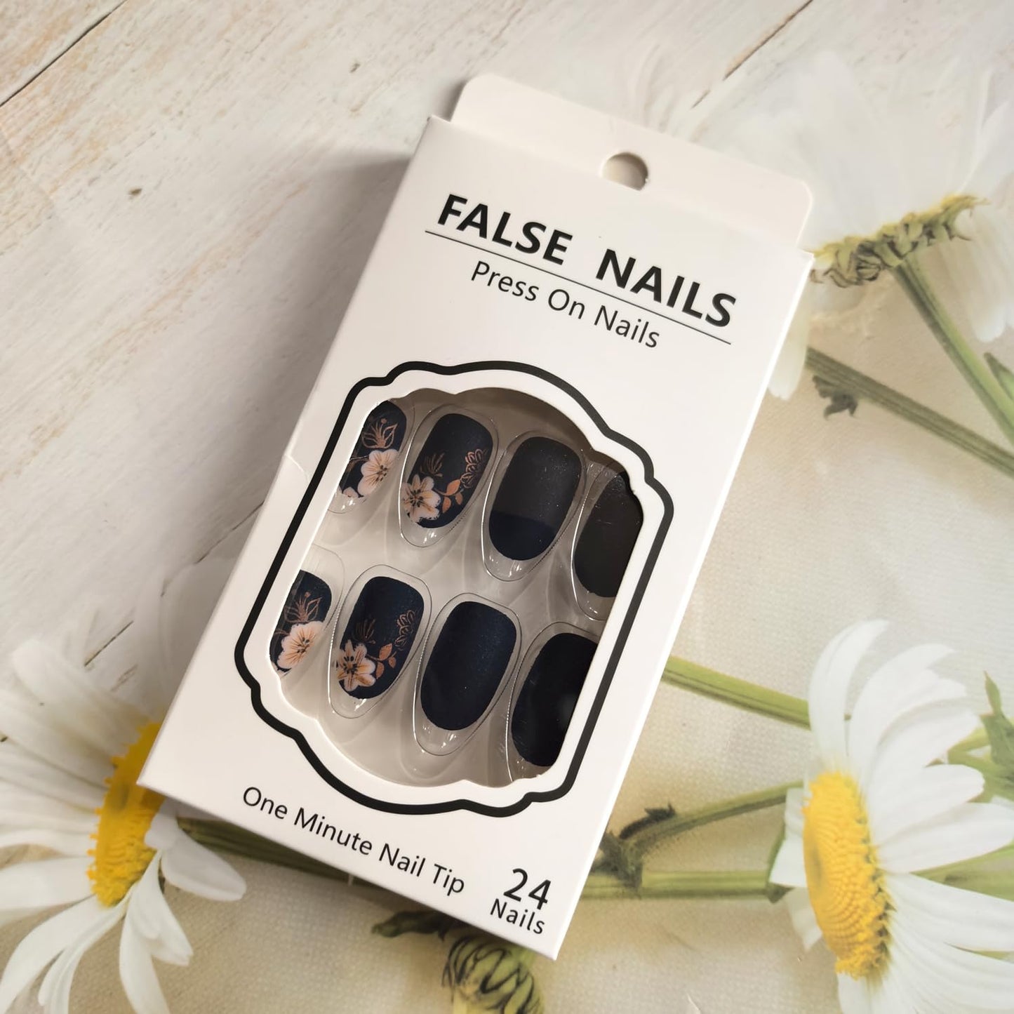 Short Press on Nails Almond Fake Nails with Flower Leaves Design Matte Black Nude Pink Spring Glue on Nails Acrylic Gel False Nail Kit Reusable Stick on Nails for Women Manicure Decorations 24PCS