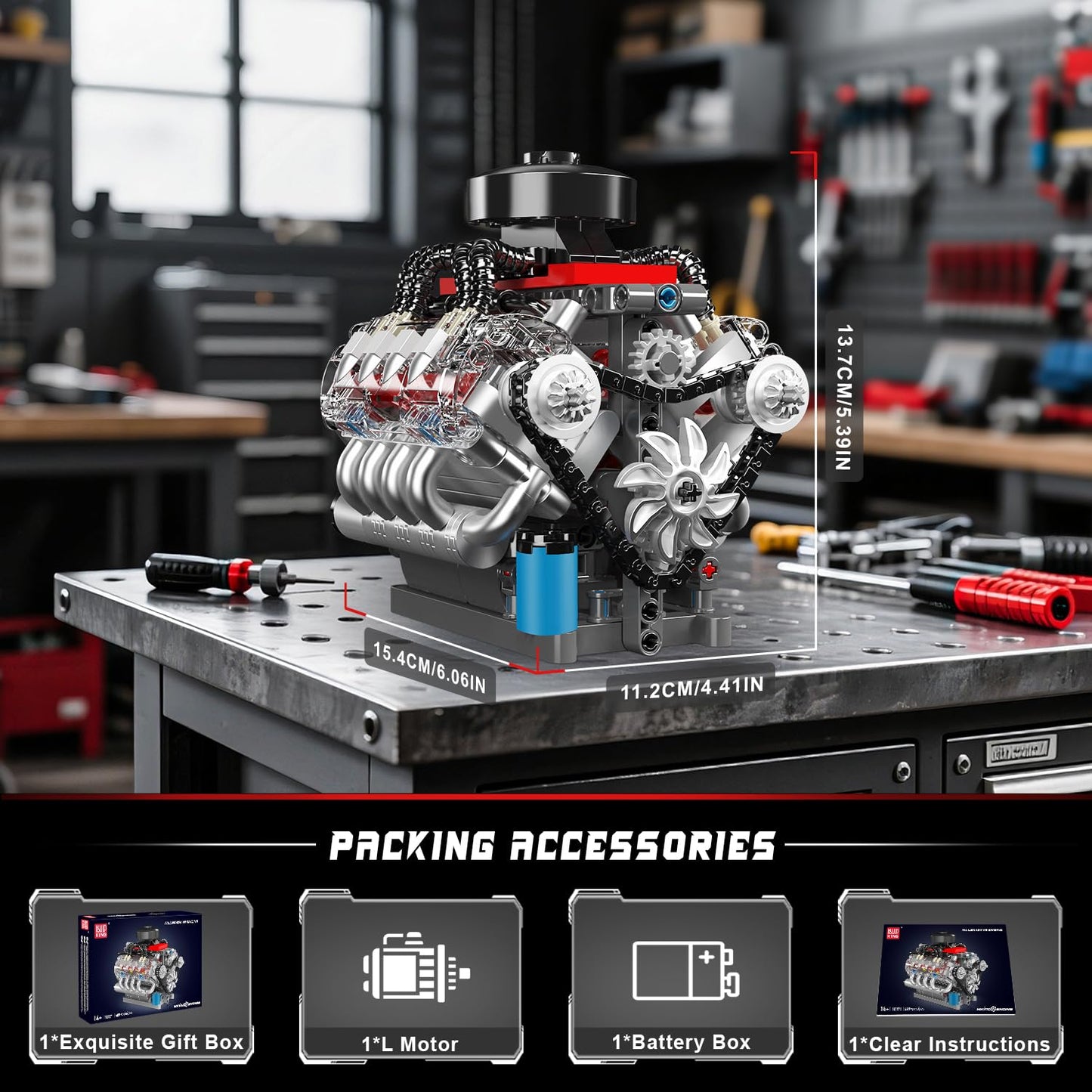 Mould King 10171 V8 Engine Model Kit, Mini V8 Engine Kits That Runs, Build Your Own Car Model Engine with Motor, Collectible Building Blocks for Adults, DIY STEM Construction Toys for Display