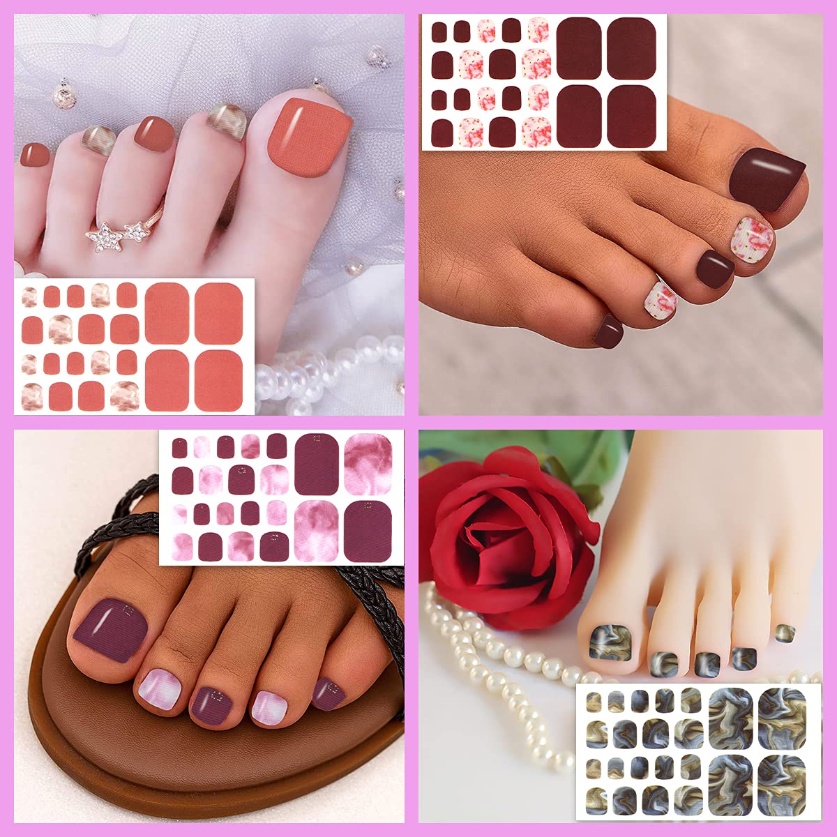 SILPECWEE 440 Tips 20 Sheets Toe Nail Wraps for Women Toes Gel Nail Stickers Marbling Print Self-Adhesive Toenail Polish Strips Gel Sticker Nails Manicure Kit with File