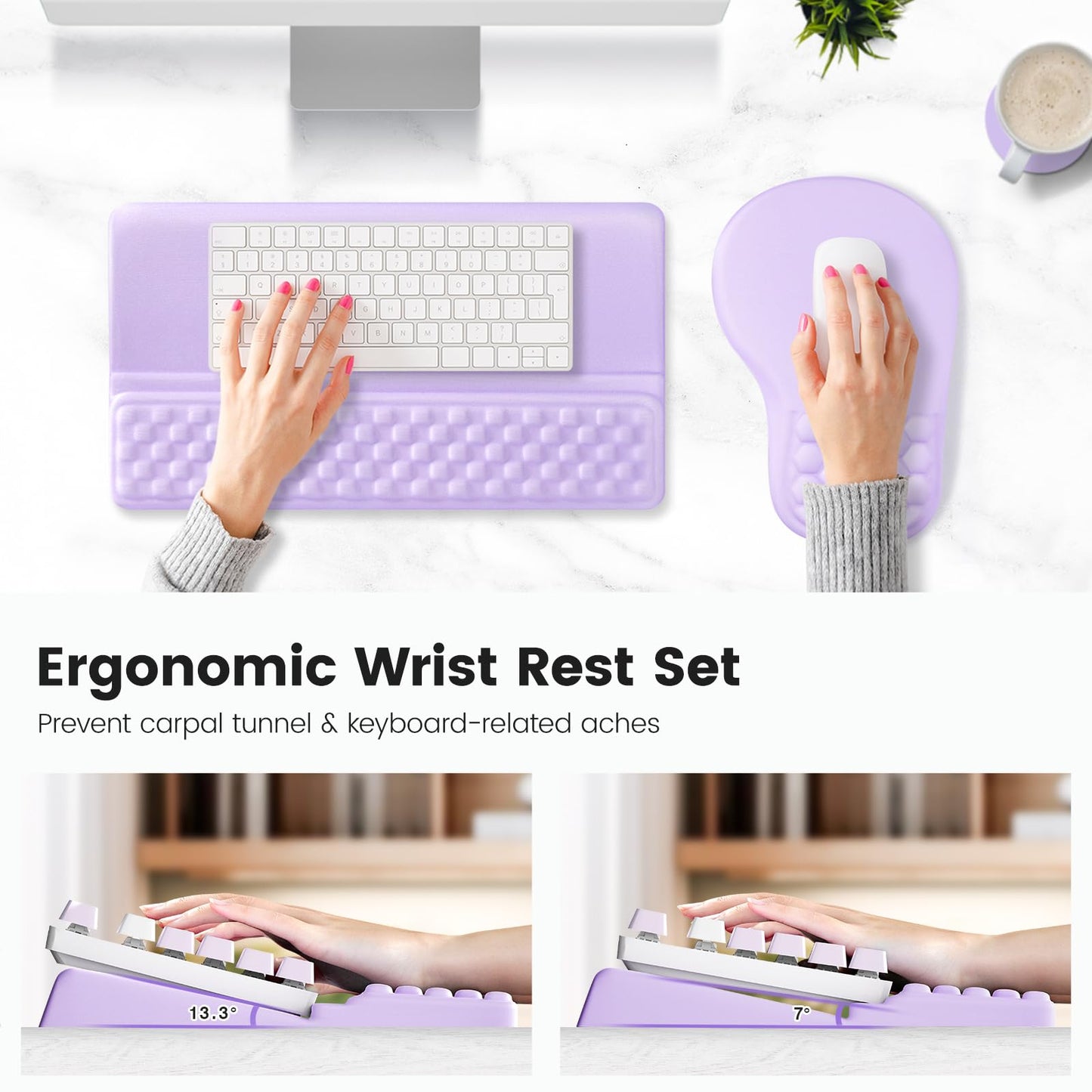 Ospelelf Ergonomic Mouse Pad and Keyboard Stand Wrist Rest Set, Memory Foam Comfort, Pain Relief for Typing, Office Desk Accessories, Purple