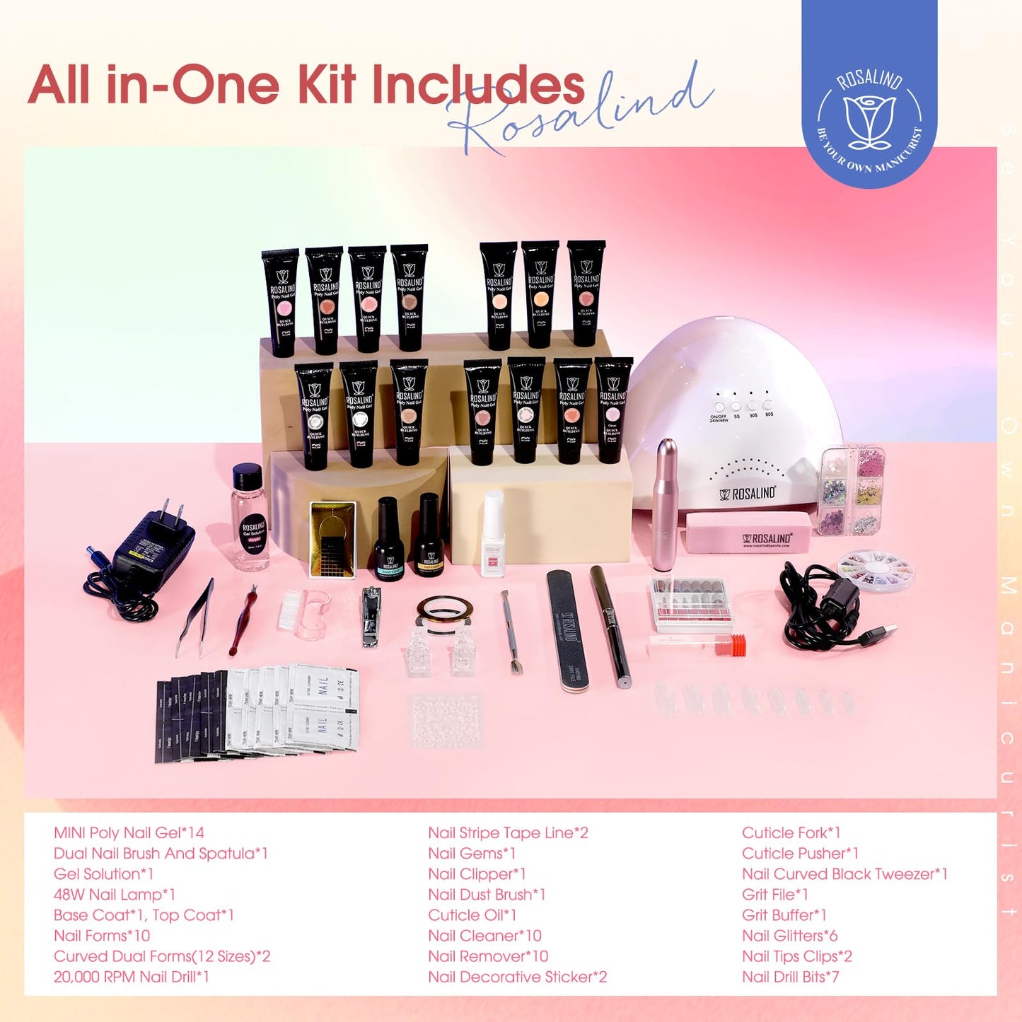 Poly Nail Gel Starter Kit with Drill -14 Colors + 75 Nails Art Accessories Kits, ROSALIND Nue Clear Poly Extension Gel with Big UV Light 48W and Electric Nail Drill Starter Kit with Everything