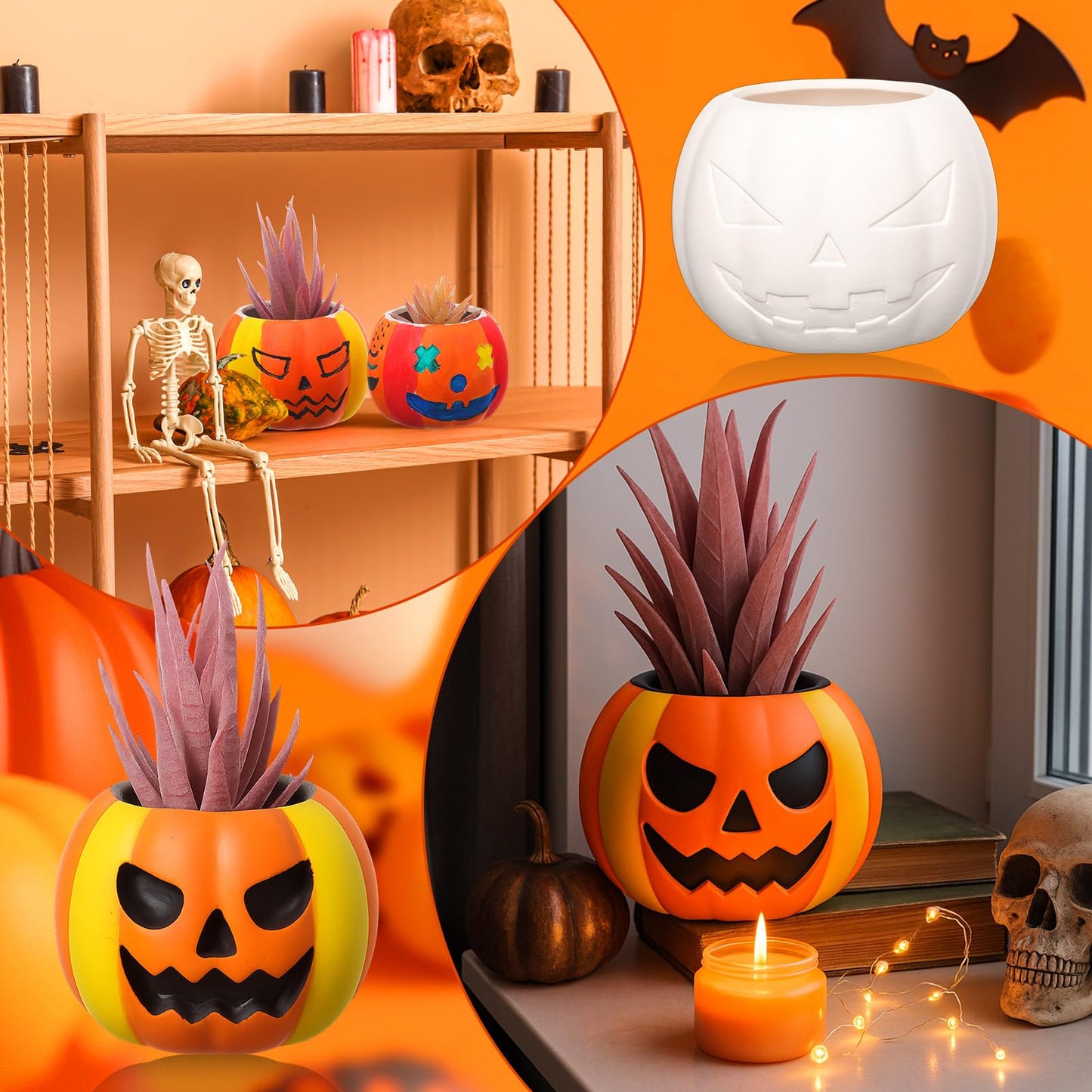 Suzile 6 Pack Halloween DIY Ceramic Craft Devil Pumpkin Succulent Pots with Drainage 3.5 Inch Unpainted Small Pumpkin Ceramic Planter Kit Halloween Decor Craft Activity Gift (Plants Not Included)