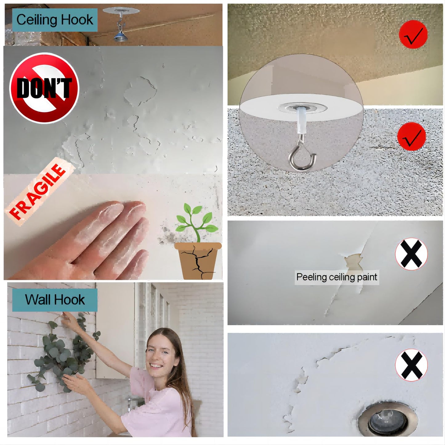 Crhexpva No Hole Adhesive Ceiling Hooks for Popcorn Concrete Textured Ceiling Unsmooth Wall Surface, No Drilling Self Adhesive Ceiling Hooks