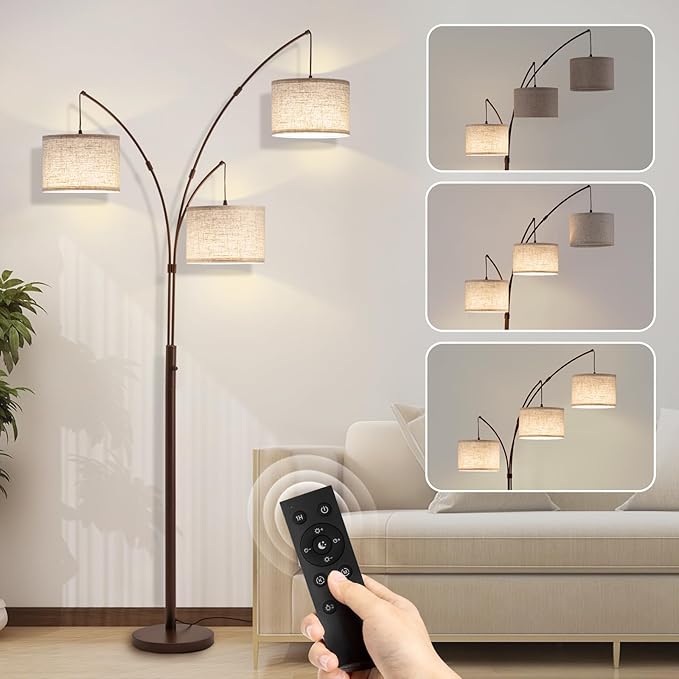 Fansdrick 3 Light Arc Floor Lamps for Living Room, 2400LM Super Bright Floor Lamp with Remote Control, 80" Tall Floor Lamps with Stepless Dimmable, Mid Century Tree Floor Lamp for Bedroom, Office