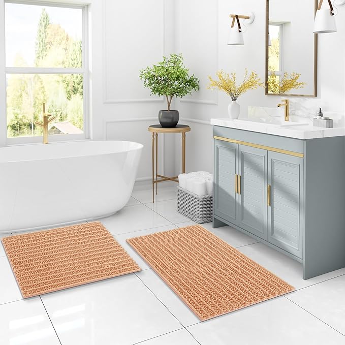 Arotive Luxury Chenille Bathroom Rug Mat, Extra Soft Thick Absorbent Shaggy Bath Rugs, Non-Slip Machine Wash Dry, Plush Bath Mats for Bathroom, Shower and Tub, 47x24, Peach