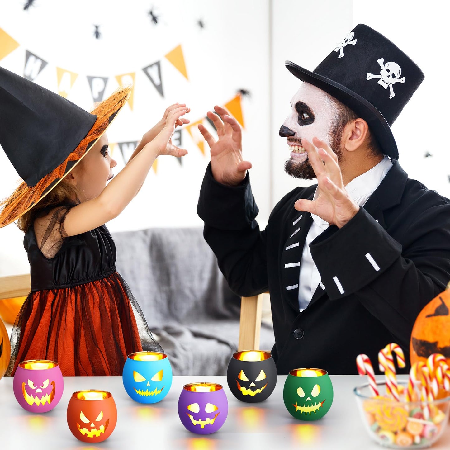 VIHOSE 6 Set Halloween Candle Holders Grimace Glass Votive Holder Tea Light with LED Battery Operated Candles Halloween Table Decorations for Home Table Centerpiece Decor Gifts
