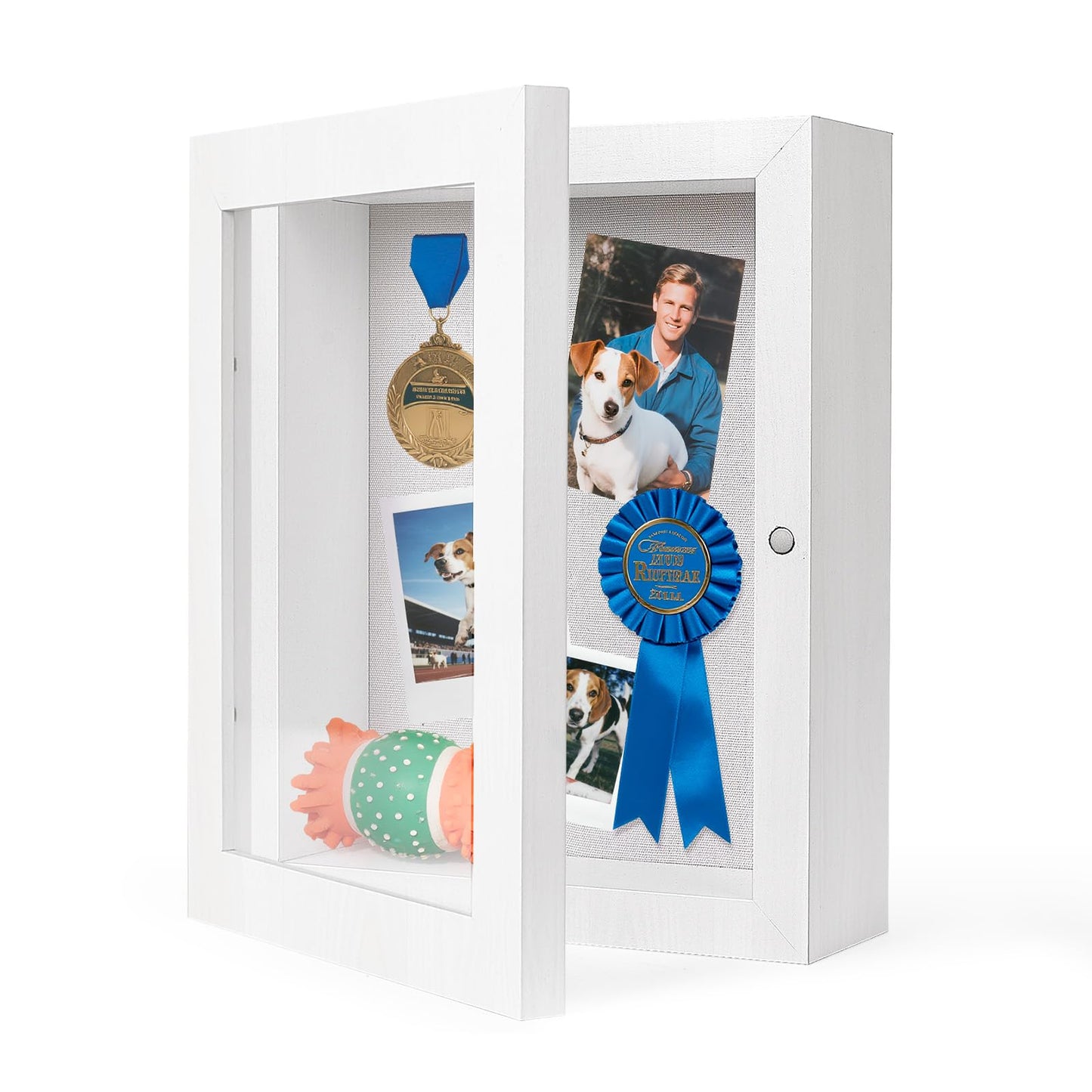 HOUSE DAY Shadow Box Frame 8x10, Front Open Magnetic Shadow Boxes Display Cases with Linen Back, Pins, for Photos or 3D Itmes Under 6x8, Tabletop or Wall Mount Display Case for Memorabilia, White