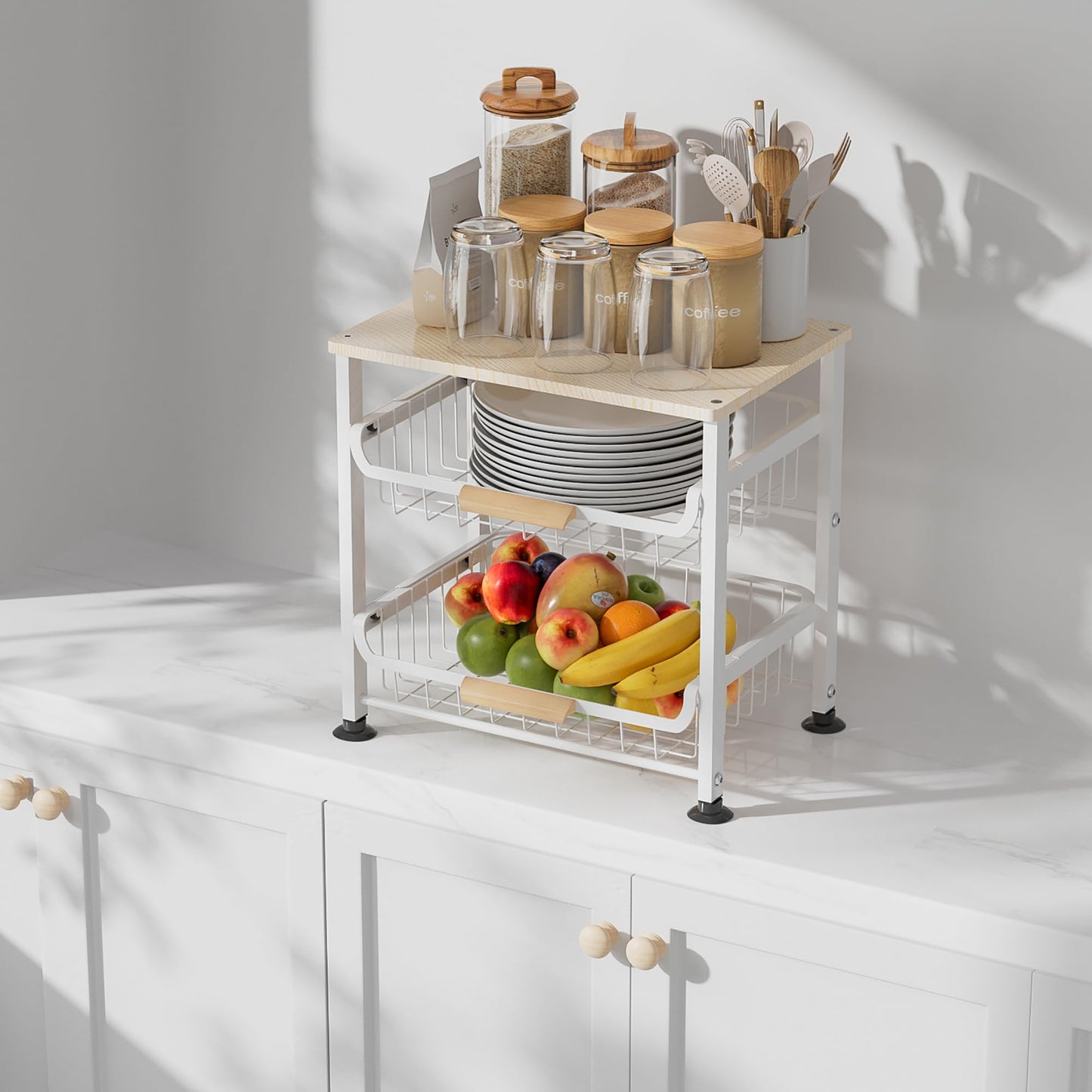NiuYichee 3-layer Kitchen Fruit Storage Basket Snack Rack, Countertop & Desktop Pull-out Metal Basket with Handle, Organizers
