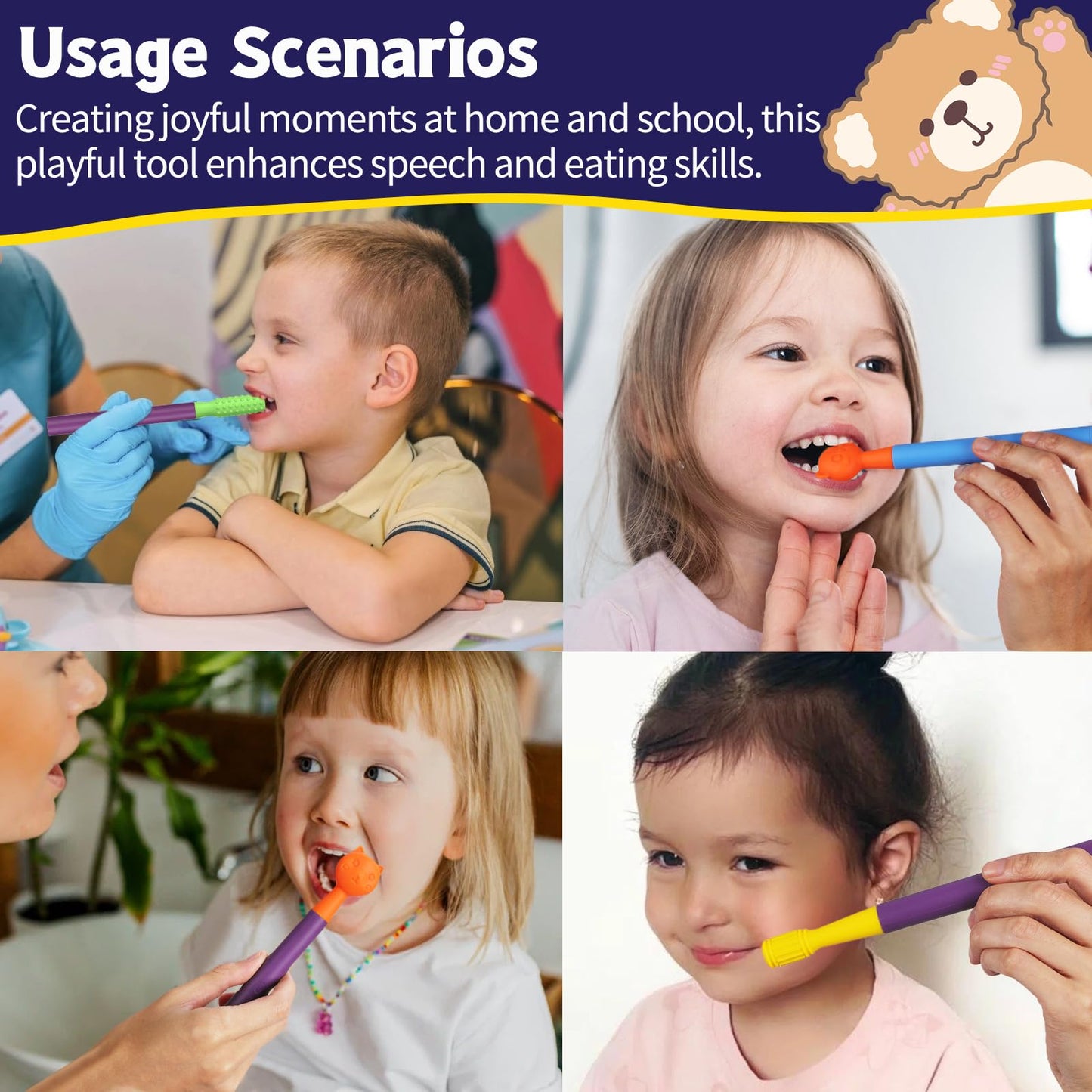 Oral Sensory Stimulation Kit with 6 Soft Textured Heads for Speech Therapy & Feeding Support, Muscle Strength & Phonation Improvement - Purple