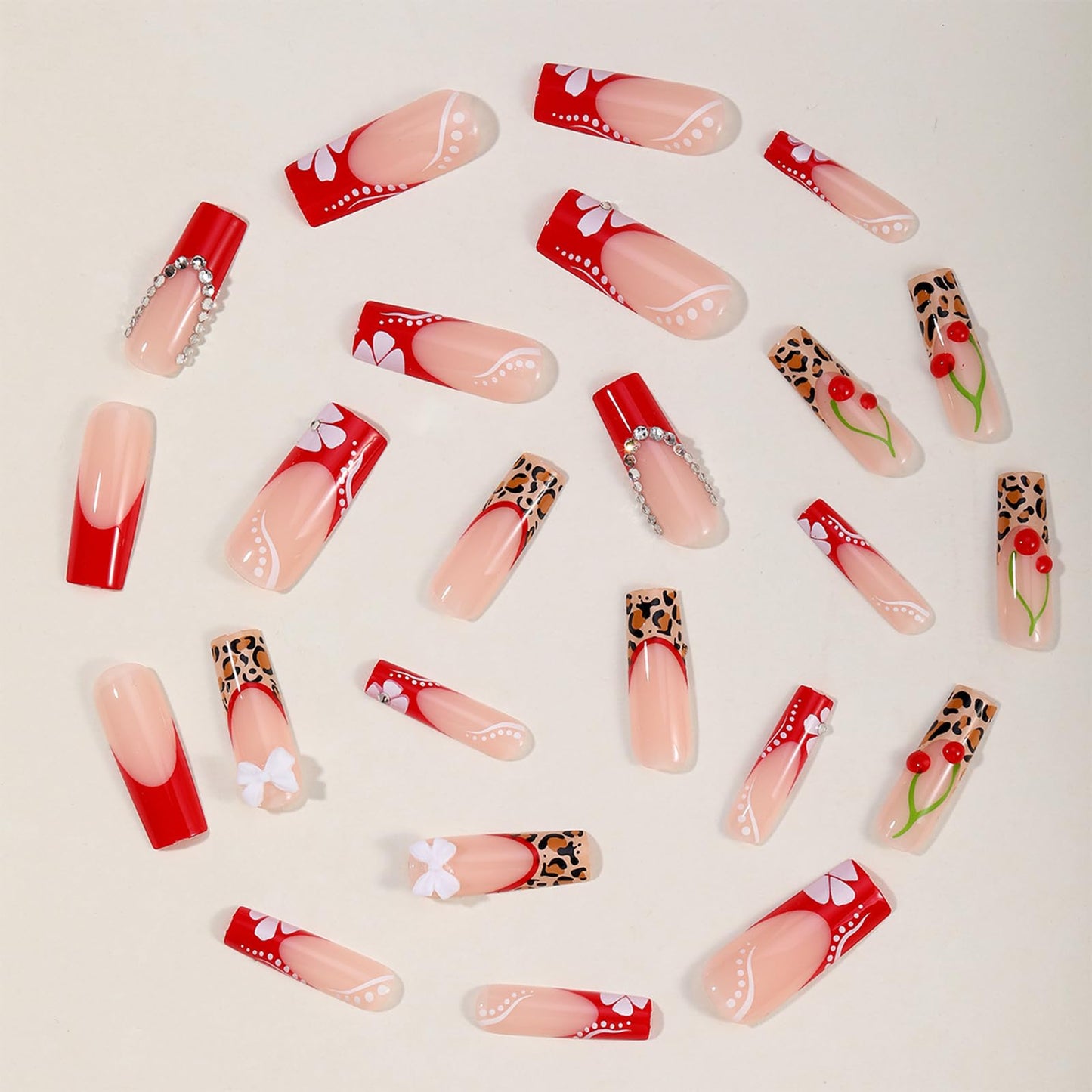 IMSOHOT Red Press on Nails Long Square Fake Nails French Tip False Nails with 3D Cherry & Rhinestones Designs Acrylic Full Cover Leopard Print Stick on Nails