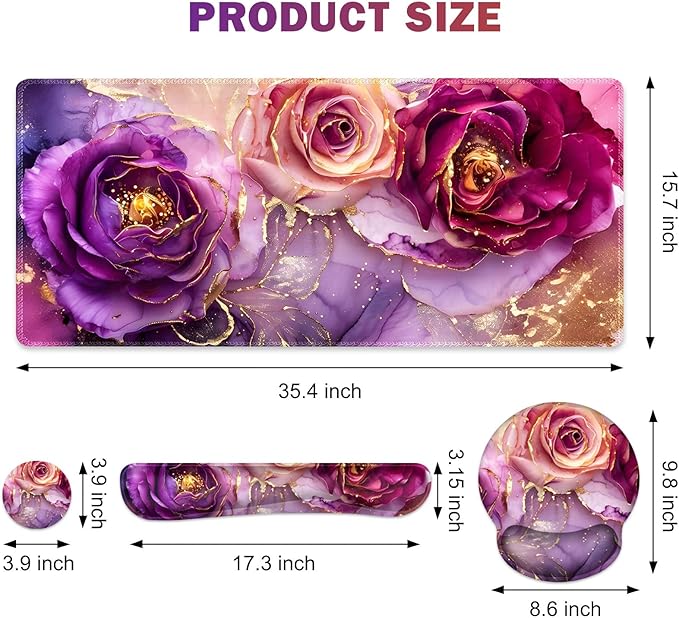 Gaming Mouse Pad, Large Desk Mat, Cute Desk Pad Protector, 4in1 XXL Mousepad + Keyboard Wrist Rest+Mouse Wrist Rest+Coaster Set with Ergonomic Desk Pad for Home Office PC, Marble Rose Purple Flowers