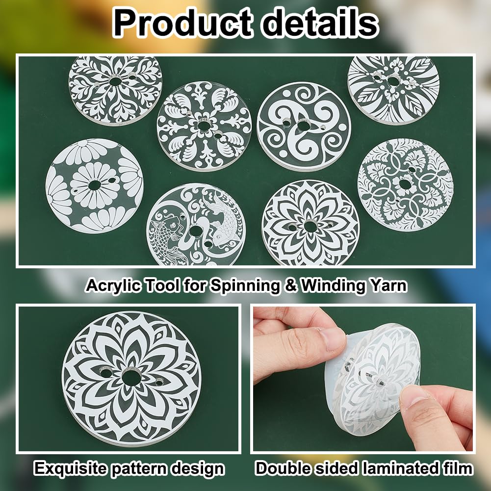 BENECREAT 8PCS Acrylic Spinning Control Tool, 2.2inch Flat Round Whorl Drop Spindle Kit Diz for Roving Felting, Crochet and General Crafts, Hole: 5mm and 2.5mm and 8mm