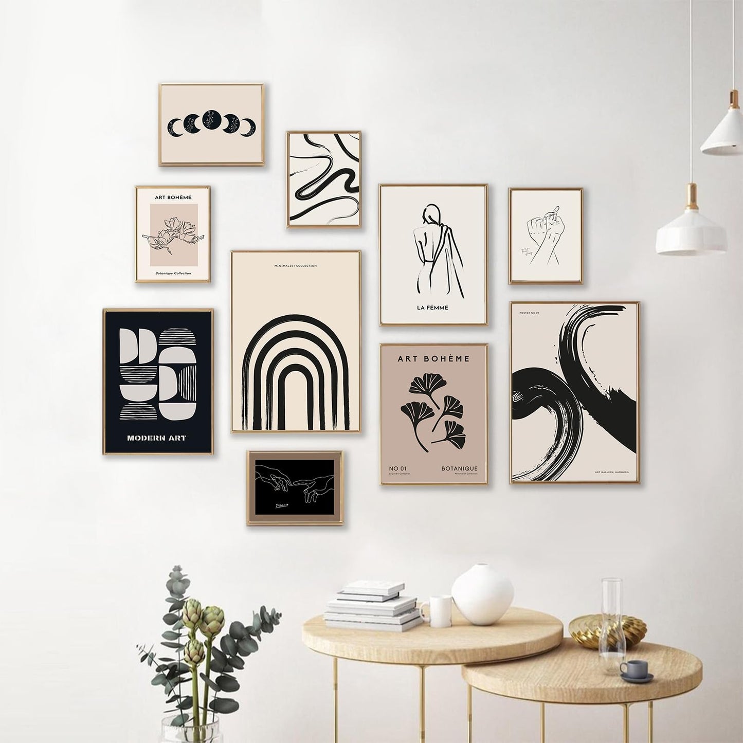 KBKBART Minimalist Boho Wall Art Prints, 10 PCs Abstract Neutral Black Beige Women Body Line Flower Canvas Art, Eclectic Home Decor for Room