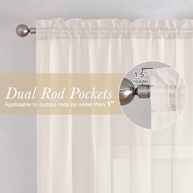 Lecloud Ivory Sheer Curtains 102 Inches Long 2 Pcs, Rod Pockets Light Filtering Bedroom Curtains for Living Room, Voile Window Drapes for Dining Room Patio Sliding Door, Each Panel 59" W x 102" L