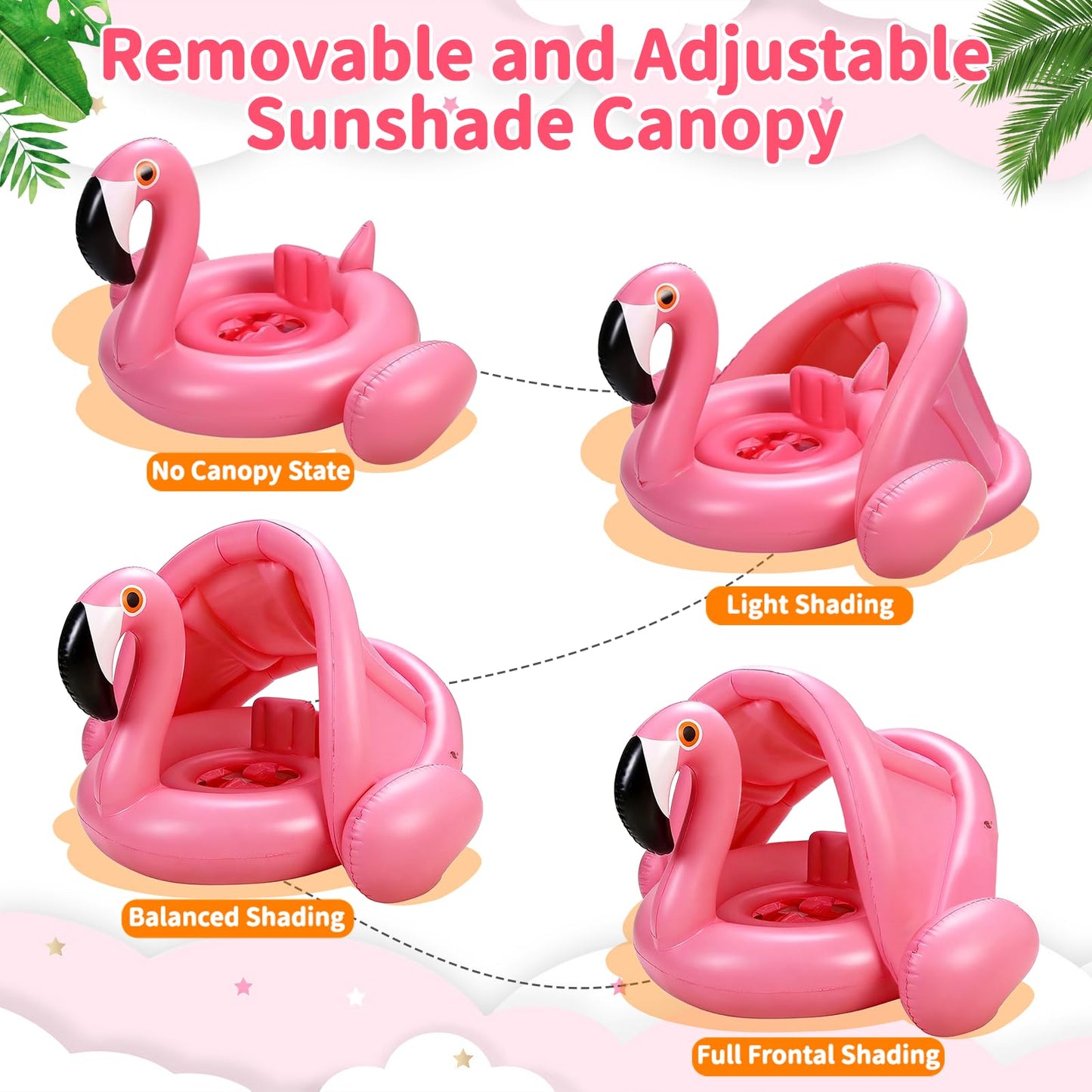 Flamingo Baby Pool Float with Canopy UPF 50+,Toddler Pool Float with Removable & Adjustable Sunshade,Inflatable Baby Swim Float with Back Holder for 8-36 Months Girls Boys Summer Essentials