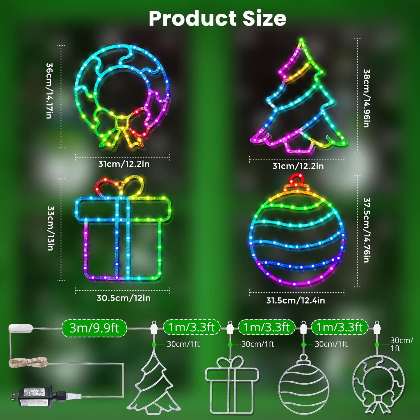 RESHAKE 4 Pack Smart Christmas Window Lights, RGB LED Silhouettes Light, Xmas Tree, Wreath, Gift Box & Ball with Music Sync, APP Control, Timer & DIY Mode for Indoor Outdoor Holiday Decor